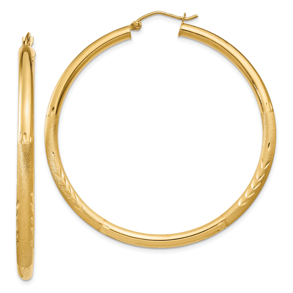 14k Satin and Diamond-cut 3mm Round Hoop Earrings