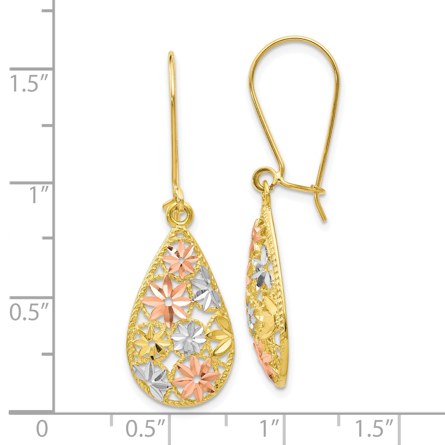 10K w/White and Rose Rhodium D/C Dangle Earrings