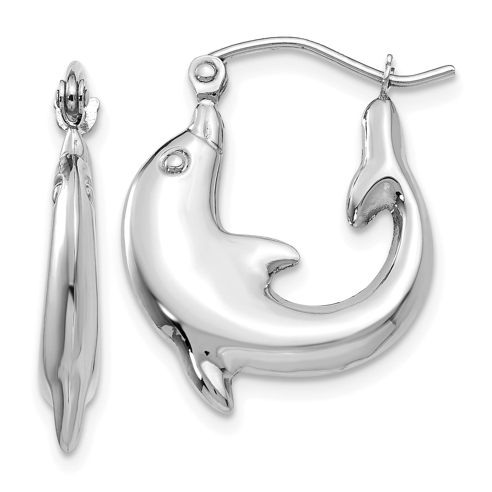 14k White Gold Polished Dolphin Hoop Earrings Main image