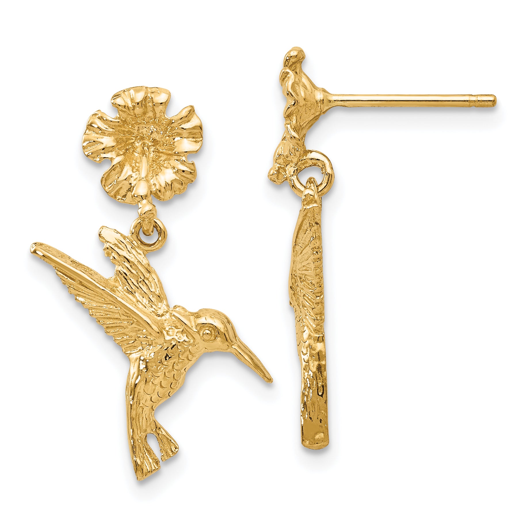 14k Hummingbird Dangles from Flower Post Earrings Main image