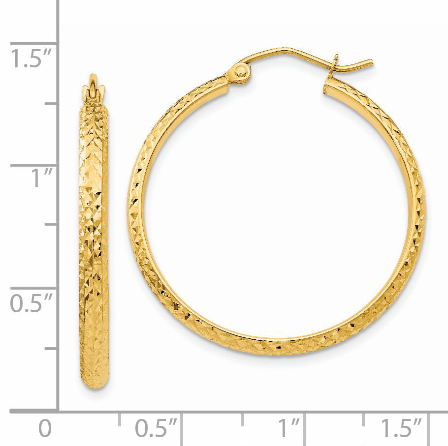 14K Diamond-cut 2.8x30mm Hollow Hoop Earrings