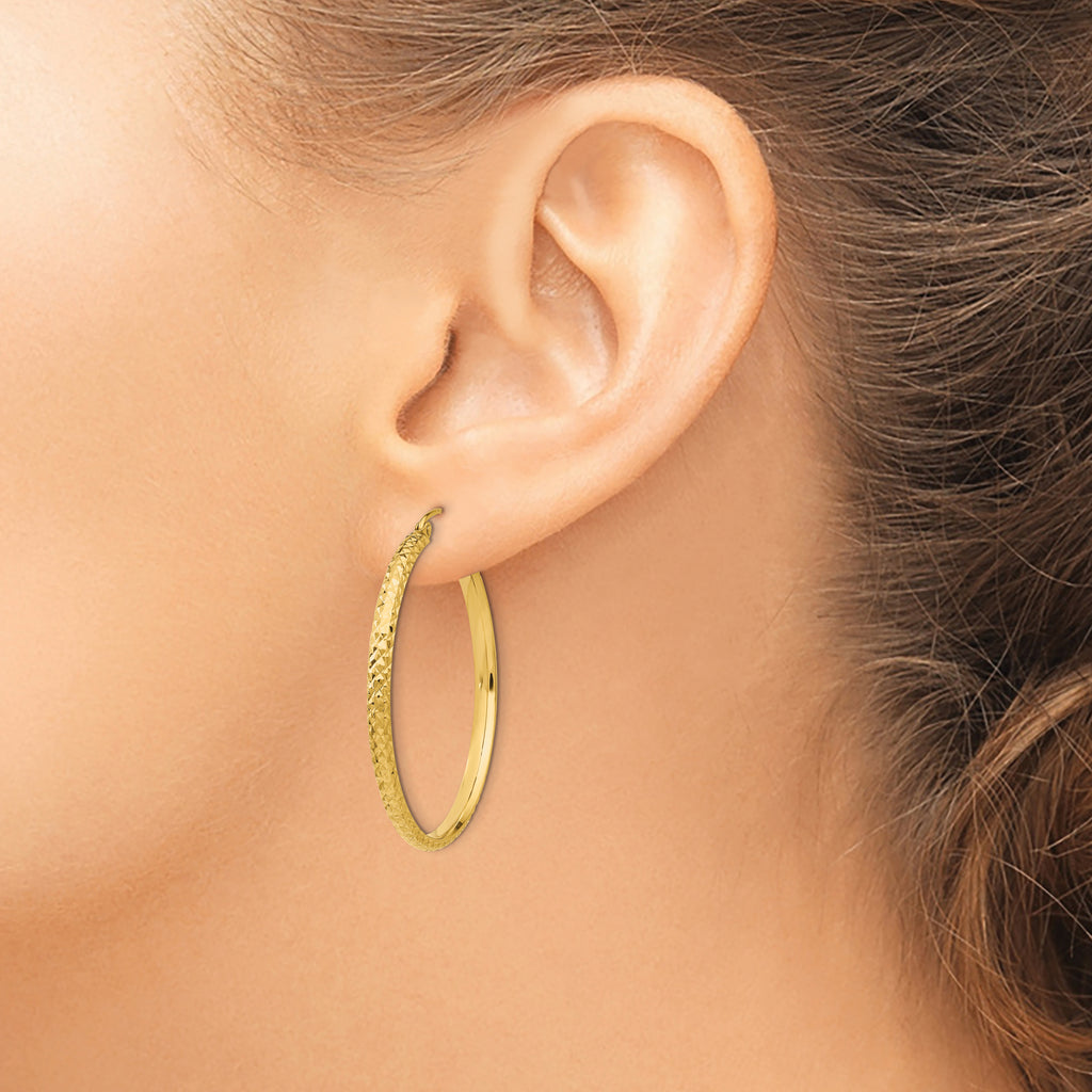 14K Diamond-cut 2.8x37mm Hollow Hoop Earrings