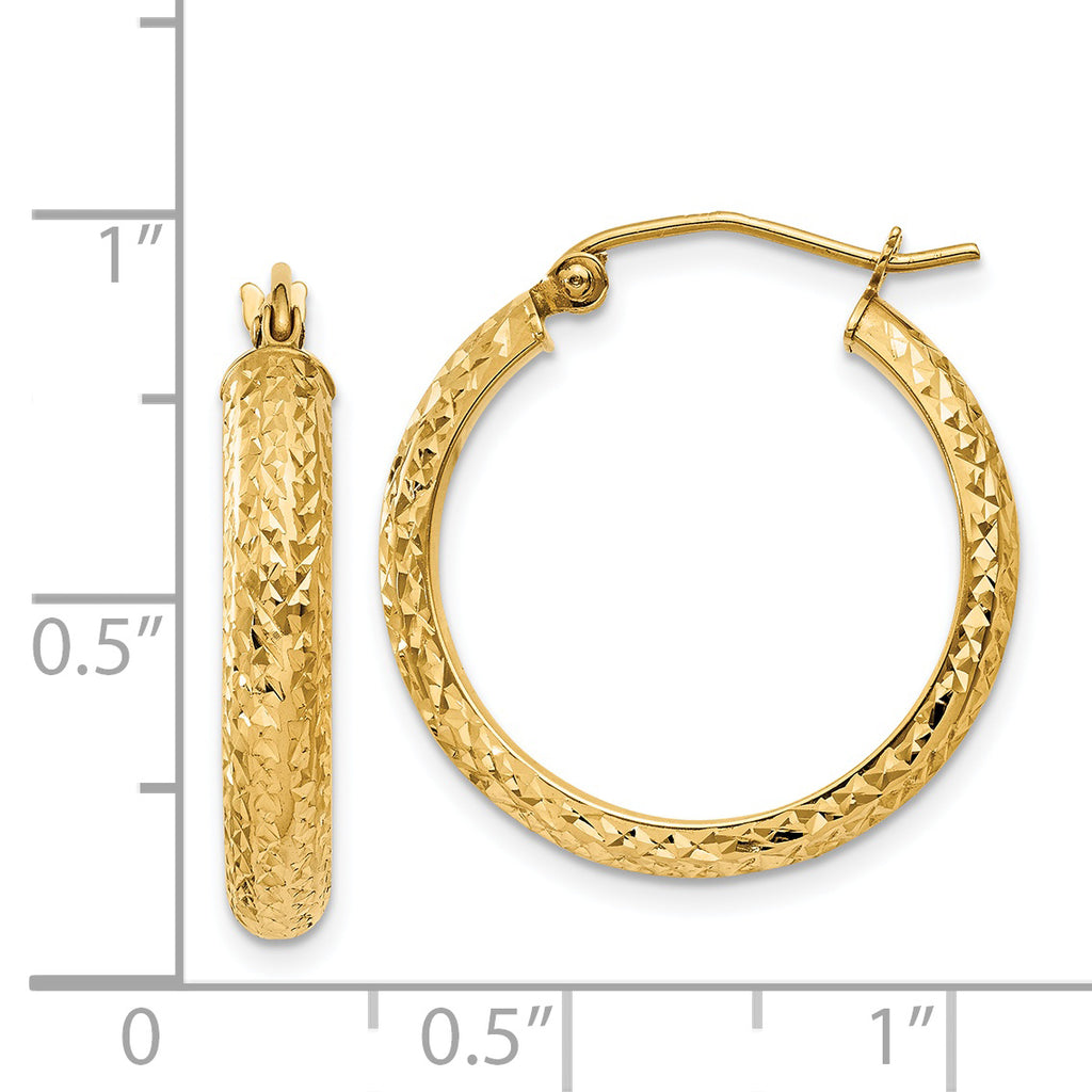 14K Diamond-cut 3.5x22mm Hollow Hoop Earrings