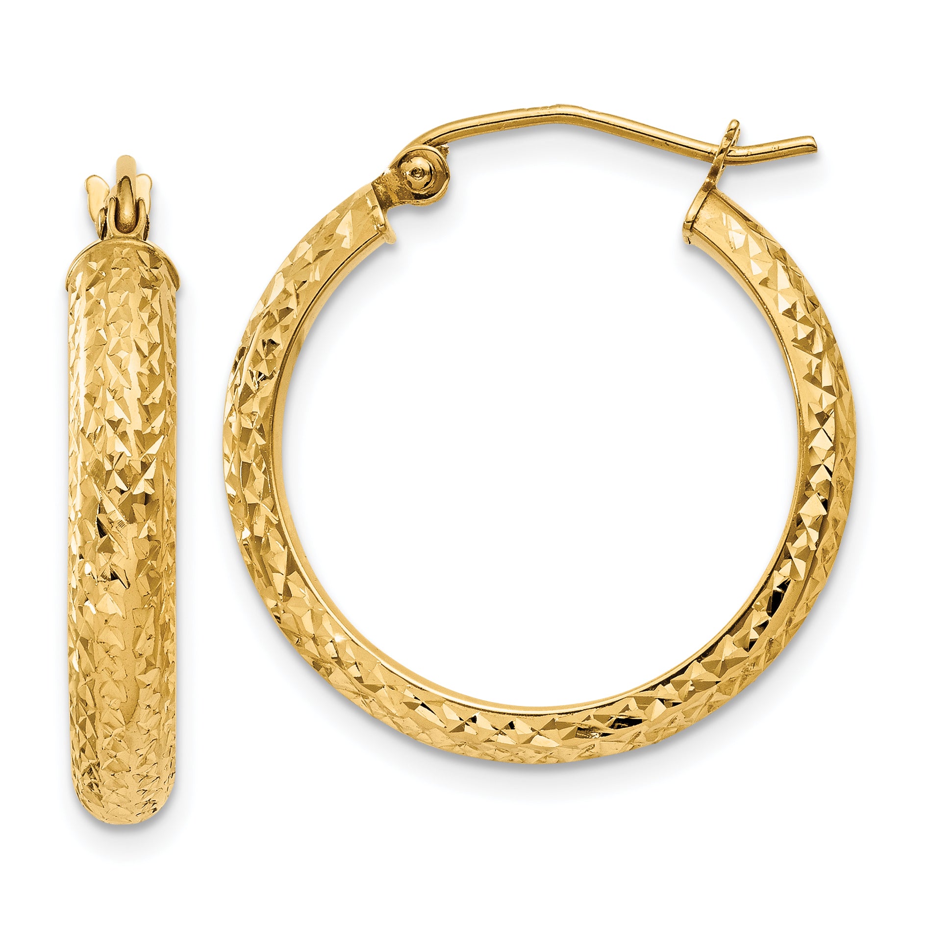 14K Diamond-cut 3.5x22mm Hollow Hoop Earrings