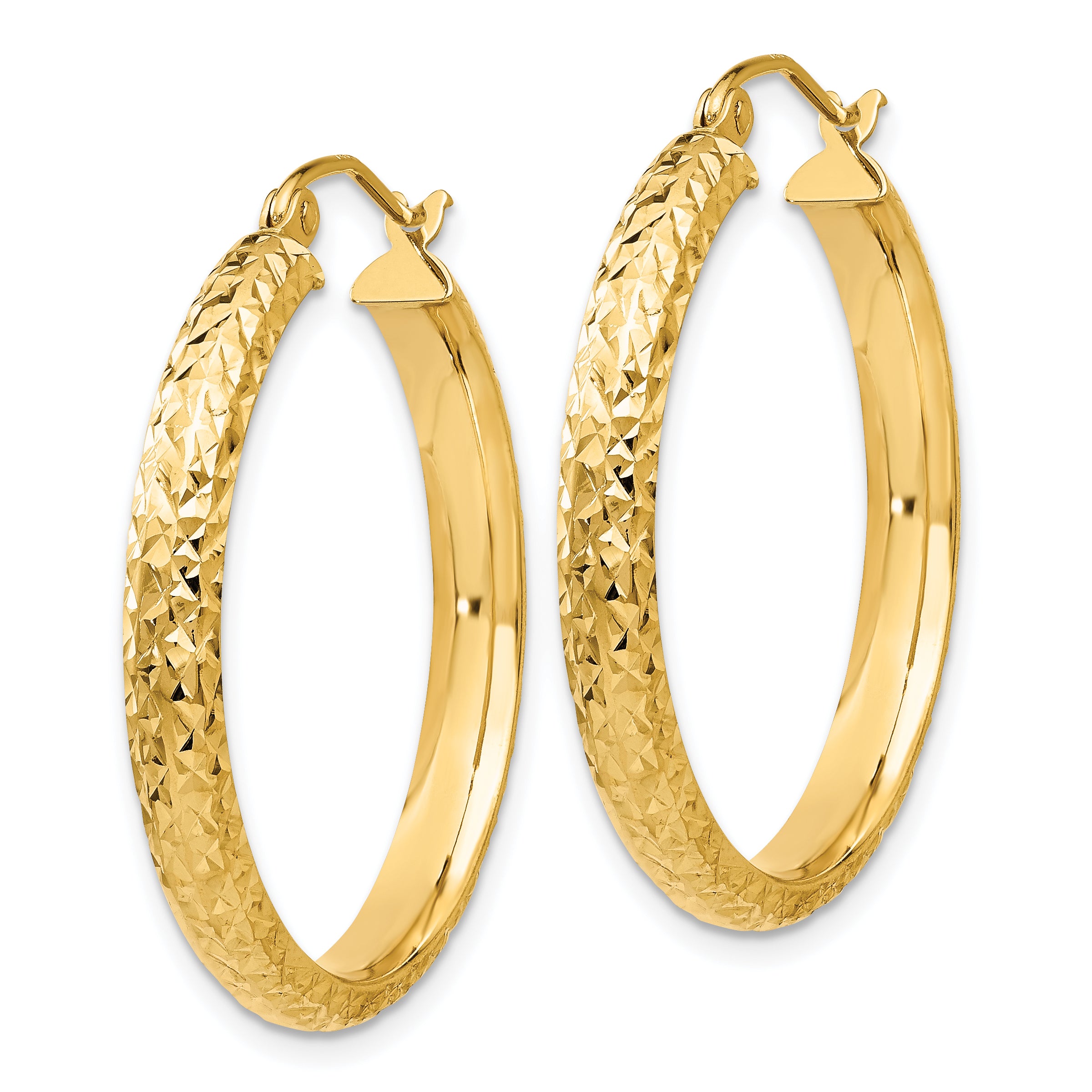 14K Diamond-cut 3.5x28mm Hollow Hoop Earrings
