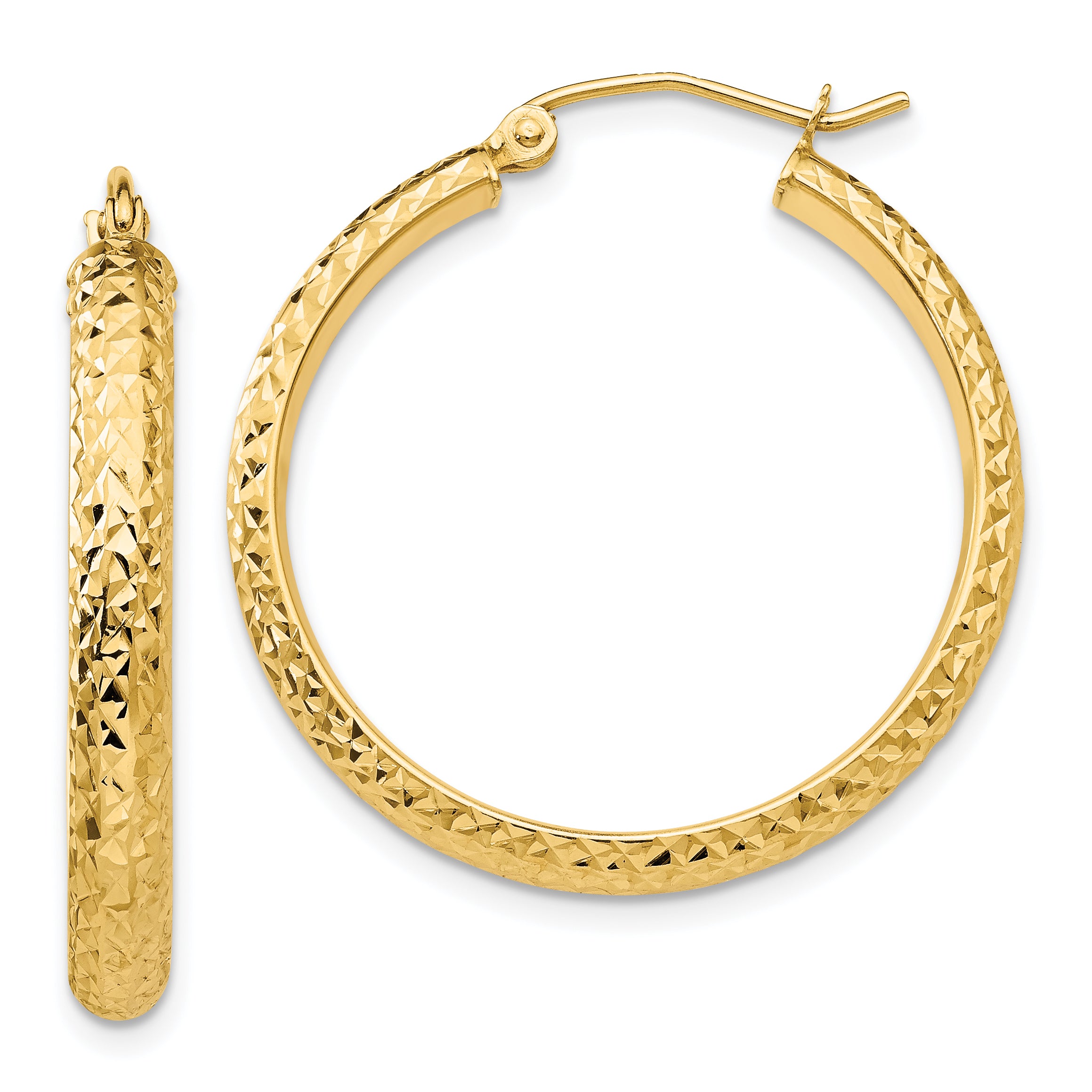 14K Diamond-cut 3.5x28mm Hollow Hoop Earrings