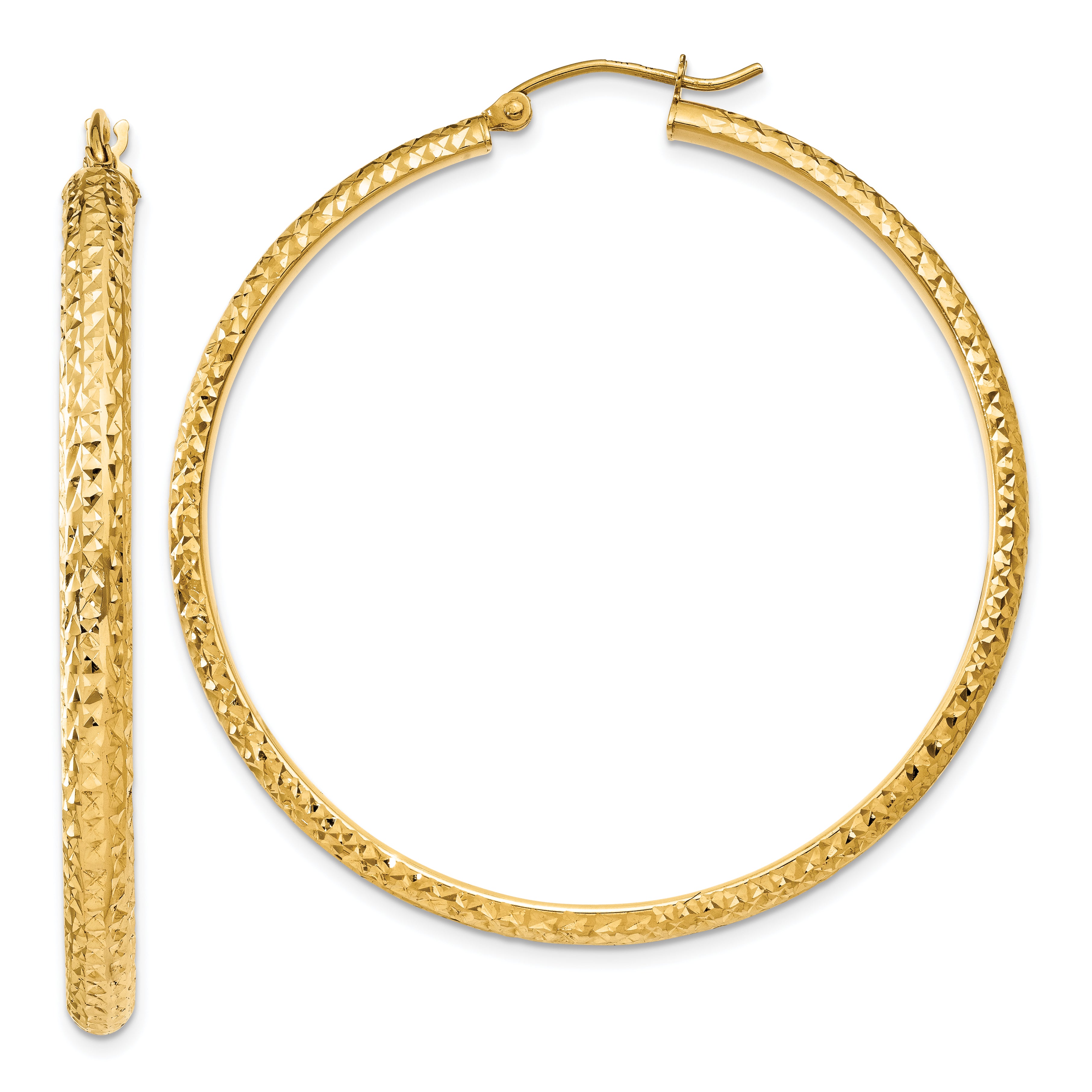 14K Diamond-cut 3.5x46mm Hollow Hoop Earrings