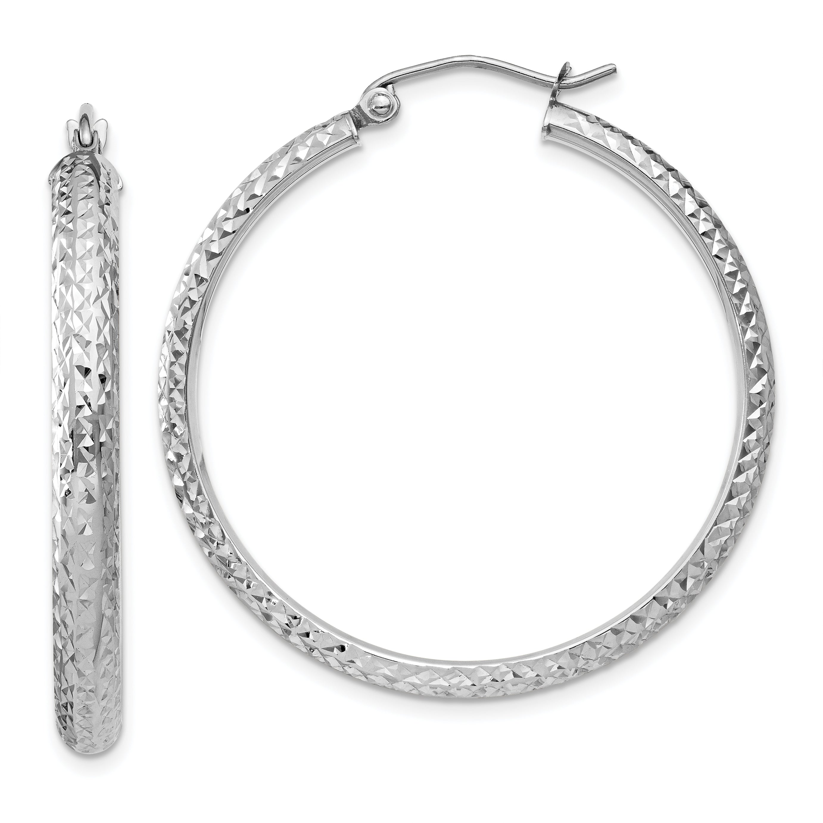 14K White Gold Diamond-cut 3.5x34mm Hollow Hoop Earrings