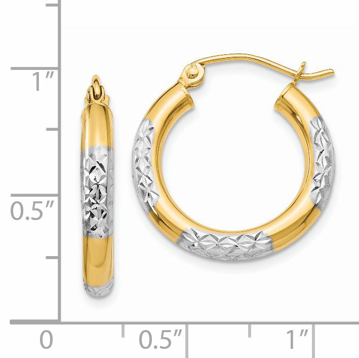 14K & Rhodium Diamond-cut 3x20mm Hoop Earrings