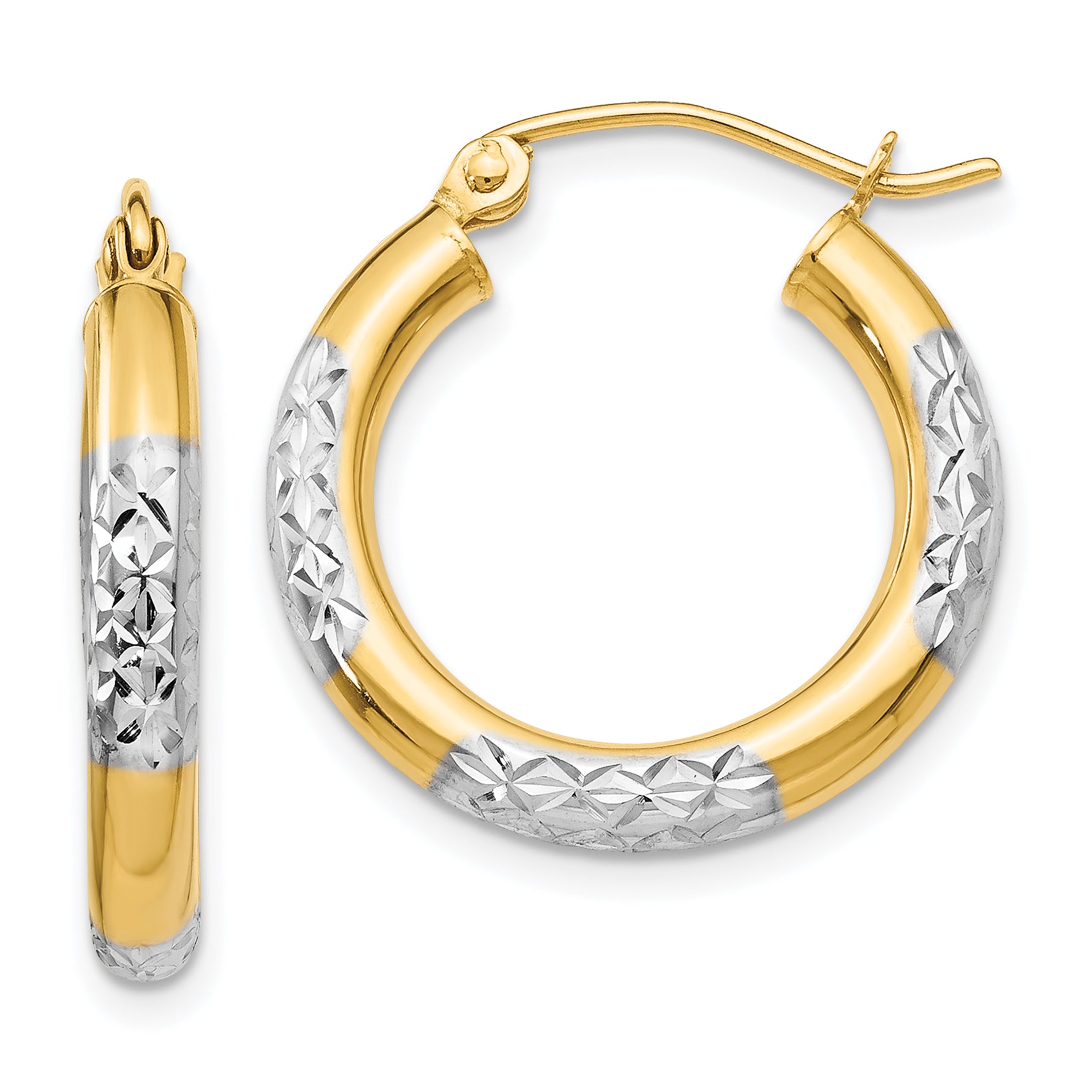 14K & Rhodium Diamond-cut 3x20mm Hoop Earrings Main image