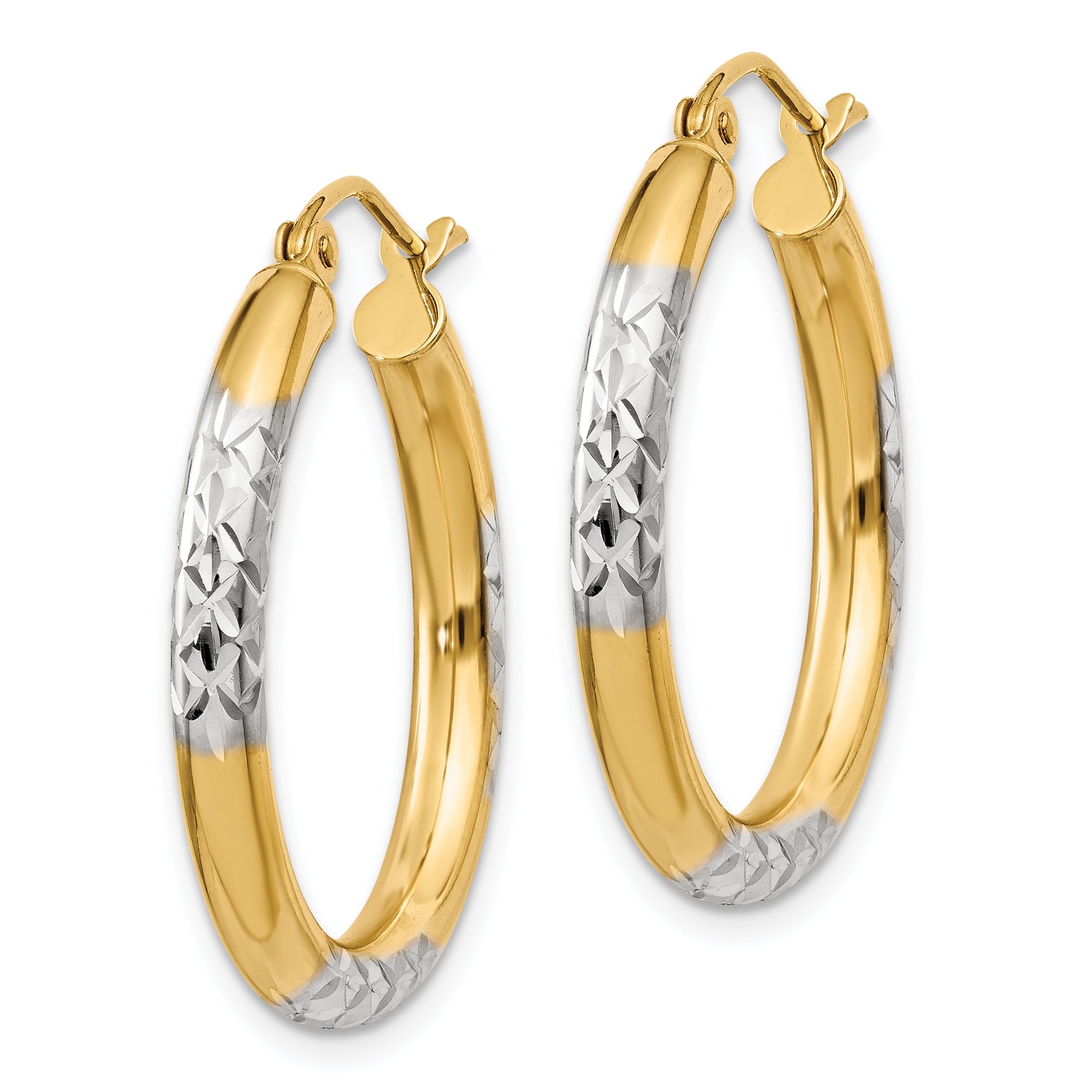 14K and Rhodium Diamond-cut 3x25mm Hoop Earrings Secondary image