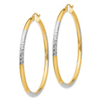 14K and Rhodium Diamond-cut 3x55mm Hoop Earrings