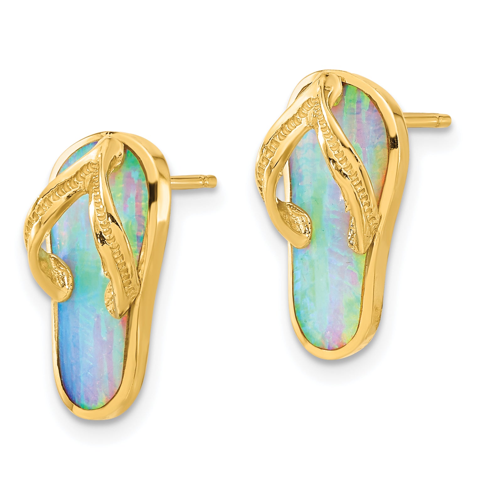 14k Polished w/Created White Opal Flip Flop Post Earrings Secondary image