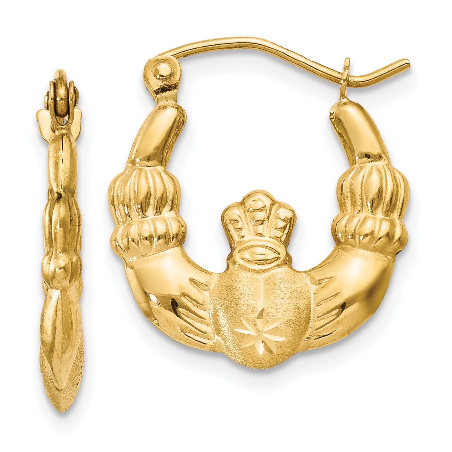 14k Polished and Satin Claddagh Hoop Earrings Main image