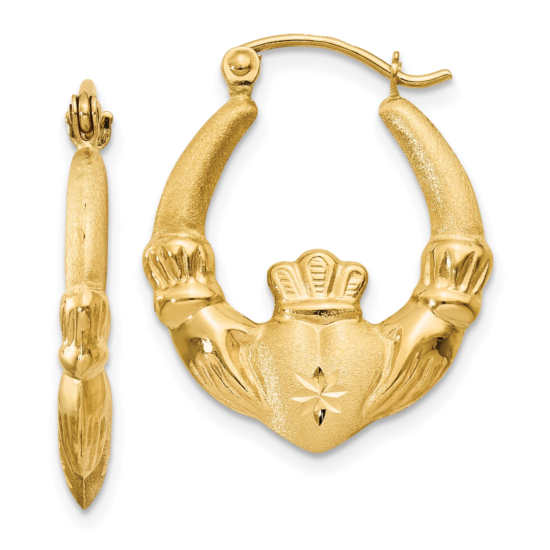 14k Polished and Satin Claddagh Hoop Earrings Main image