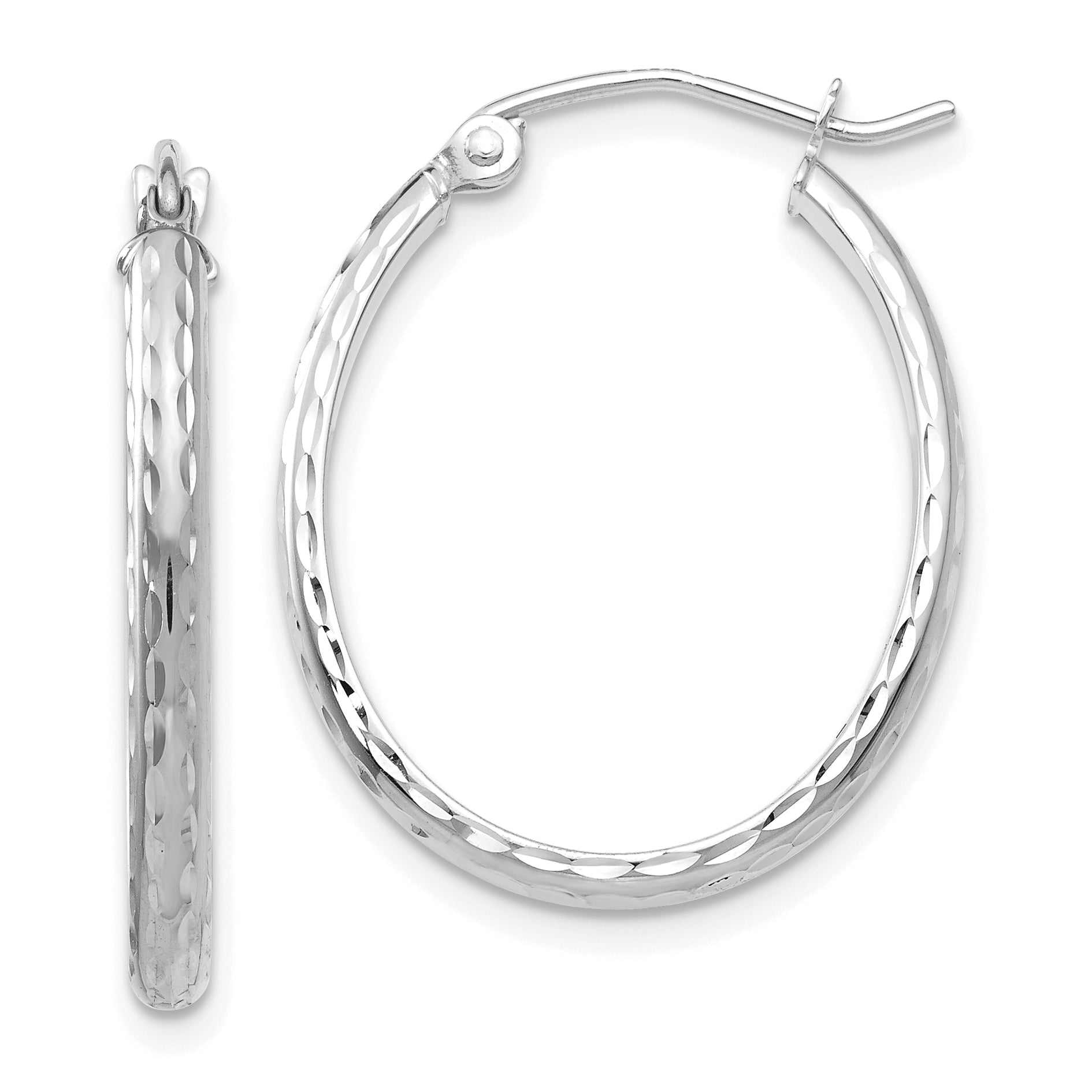 14k White Gold Lightweight Diamond-cut Oval Hoop Earrings