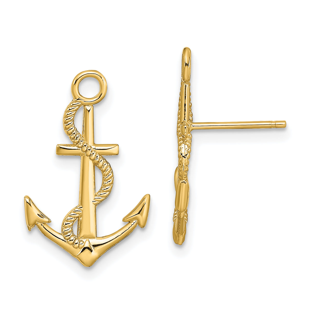 14K Polished / Textured Anchor W/ Rope Post Earrings