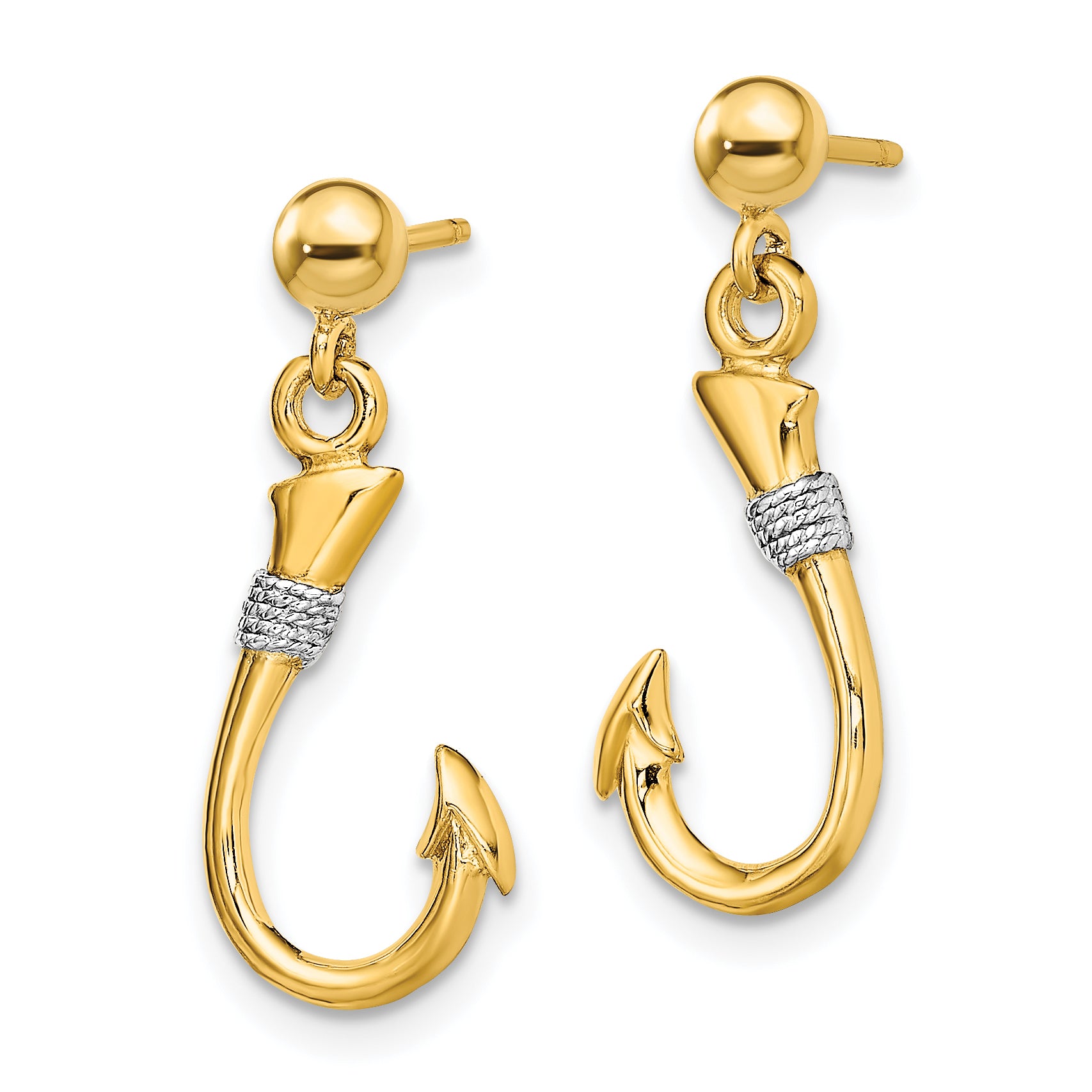 14K w/Rhodium 3-D Fish Hook W/ Rope Dangle Earrings