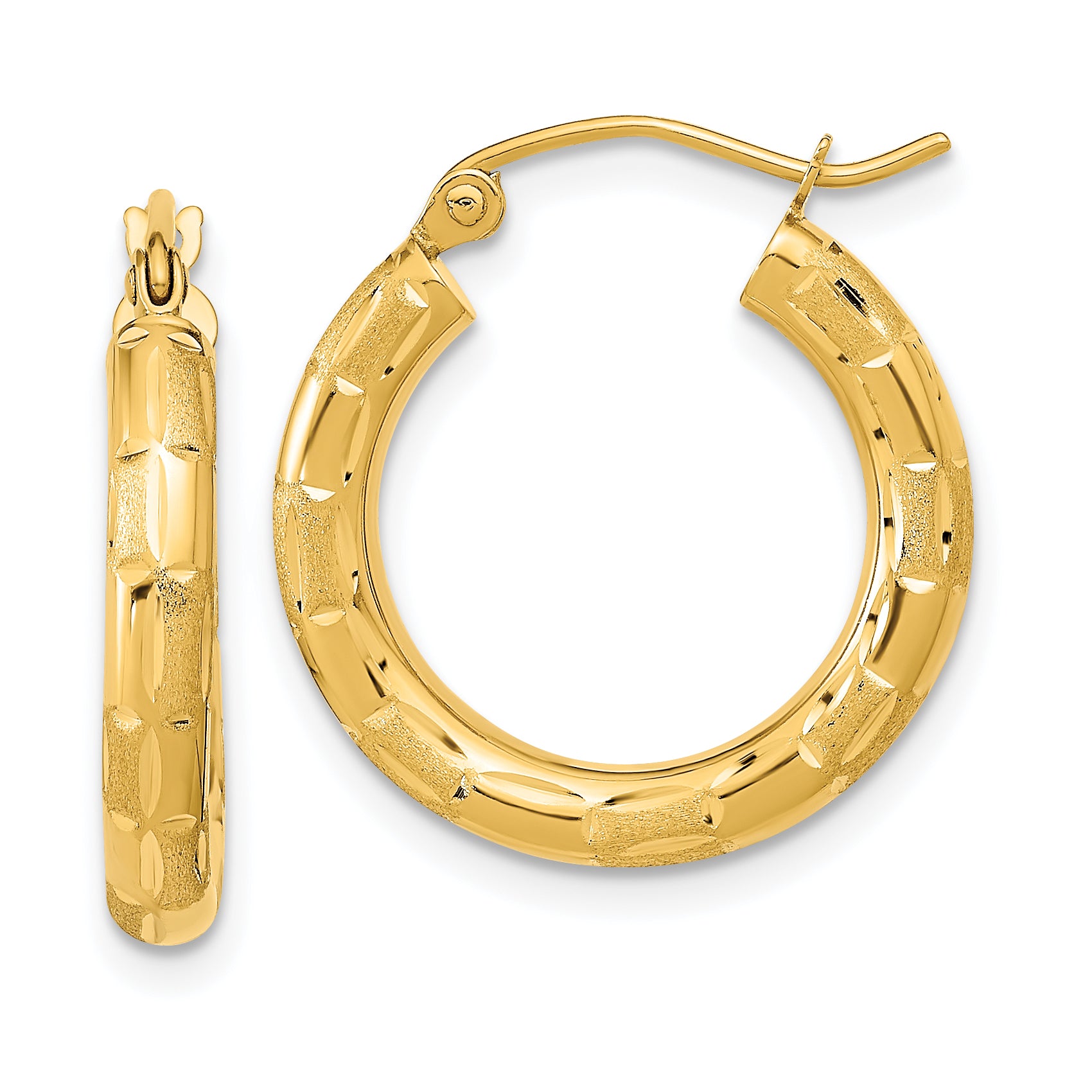 14k Polished Satin and Diamond-cut Hoop Earrings Main image
