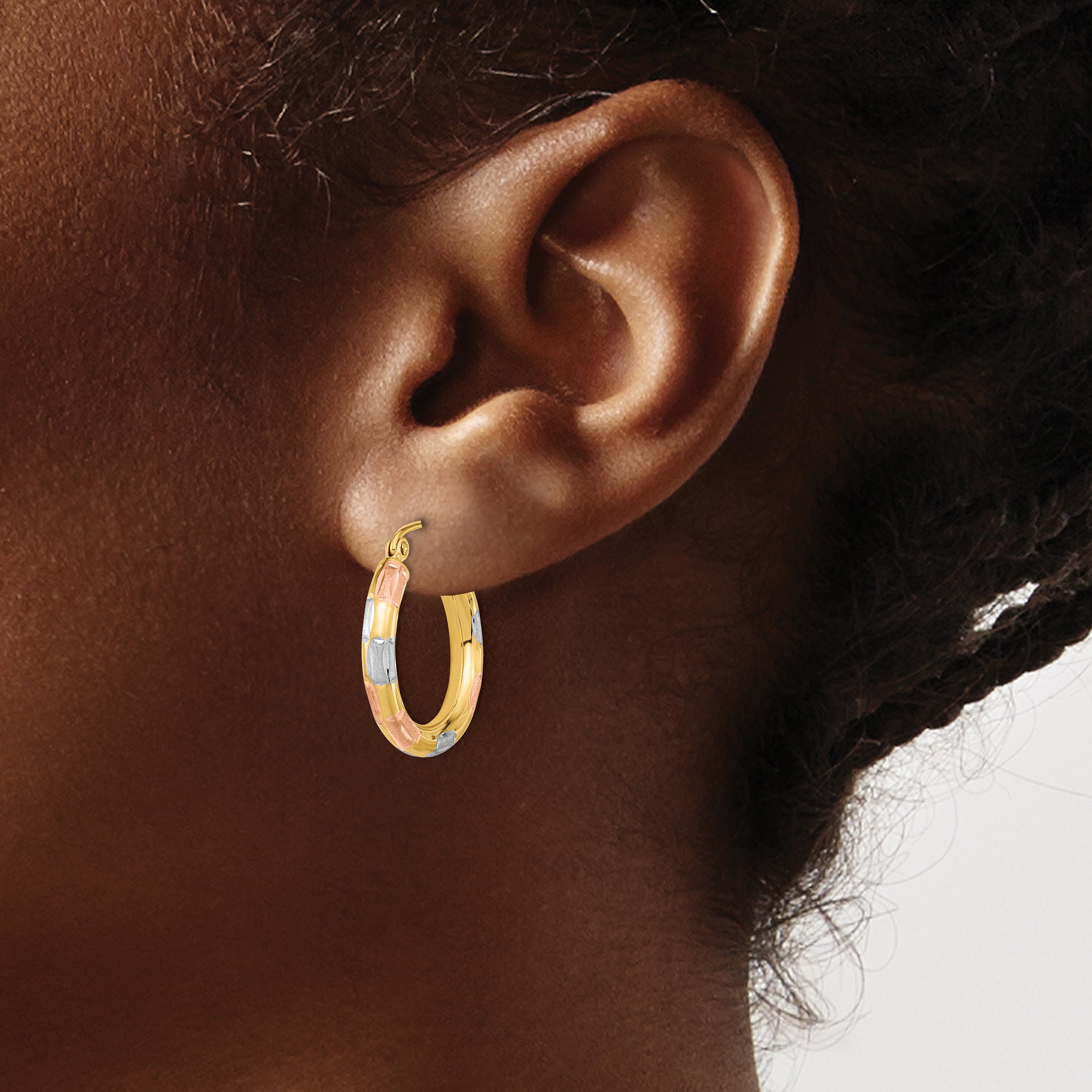 14k w/White and Rose Rhodium Polished Satin Diamond-cut Hoop Earrings