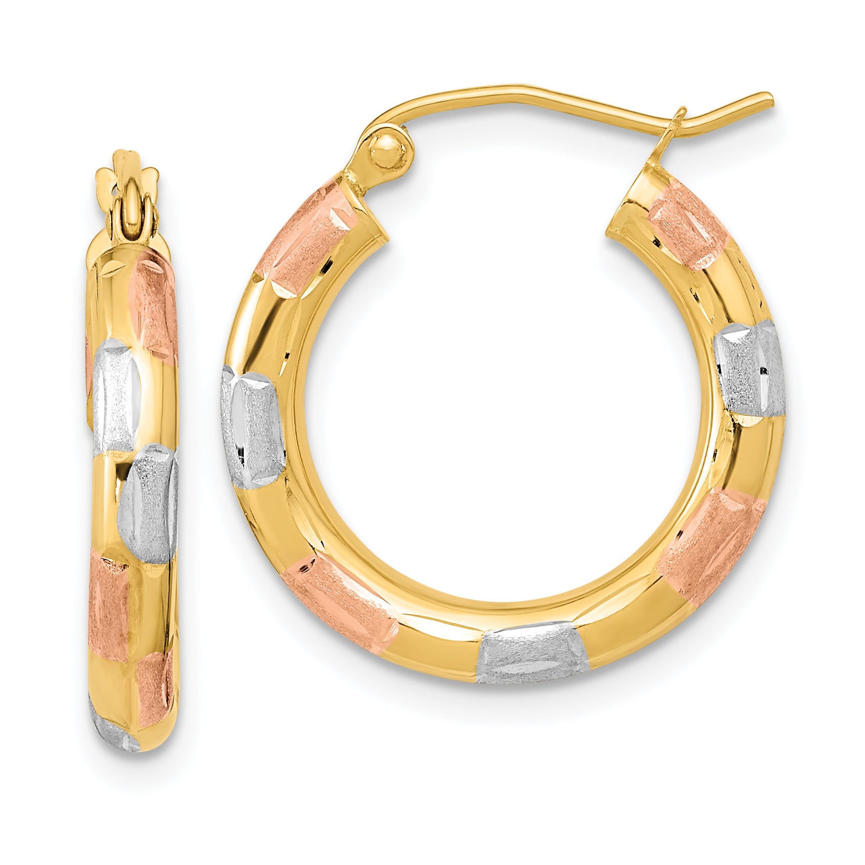 14k w/White and Rose Rhodium Polished Satin Diamond-cut Hoop Earrings Main image