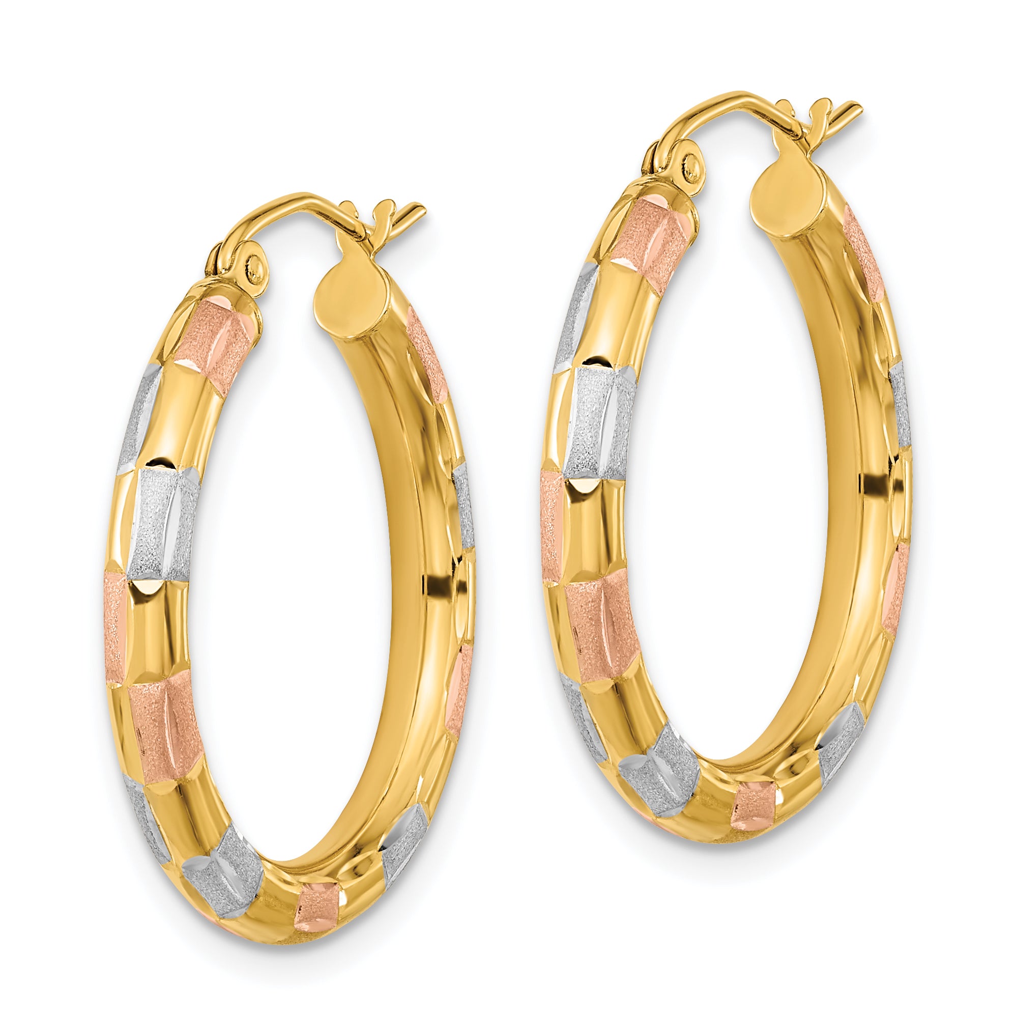 14k w/White and Rose Rhodium Polished Satin Diamond-cut Hoop Earrings Secondary image