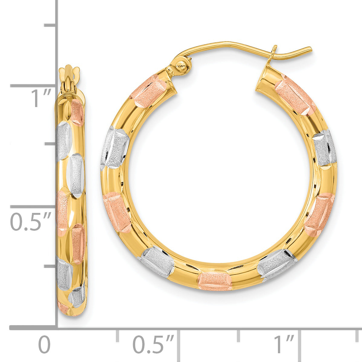 14k w/White and Rose Rhodium Polished Satin Diamond-cut Hoop Earrings