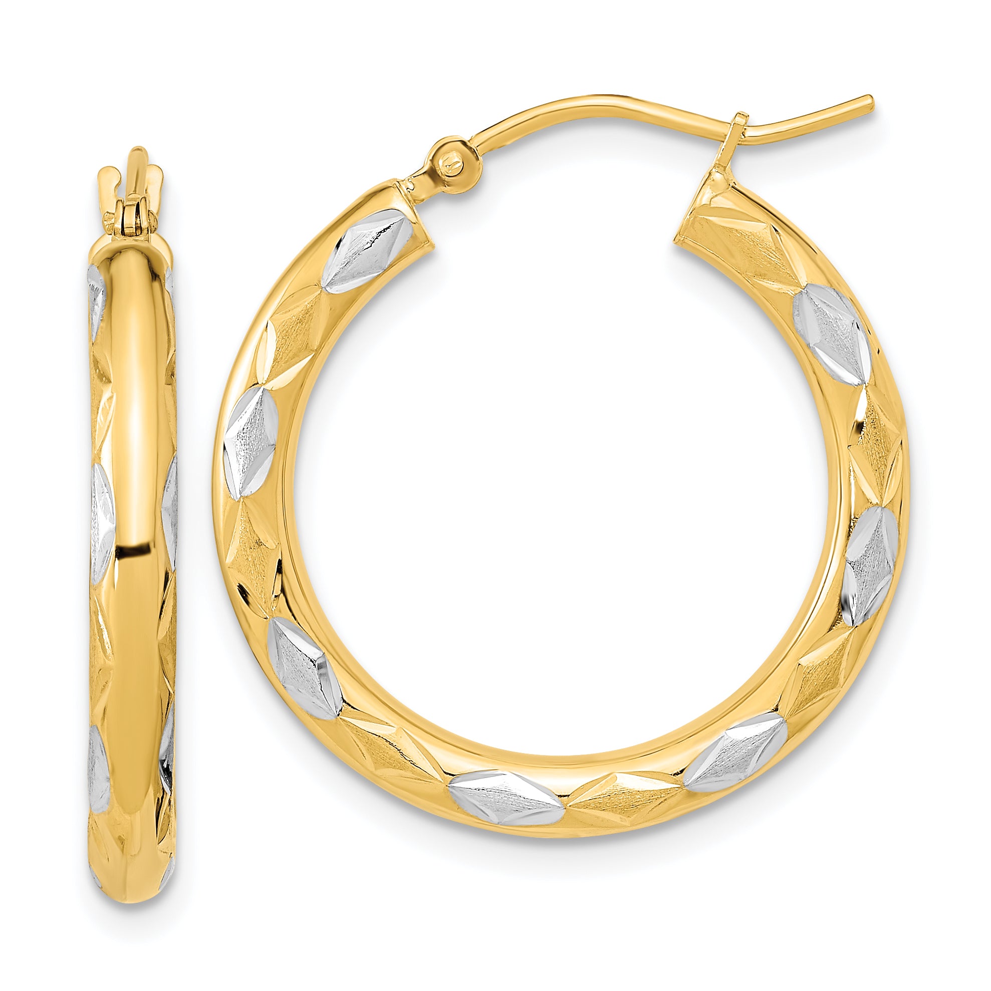 14k White Rhodium Polished Satin and Diamond-cut Hoop Earrings