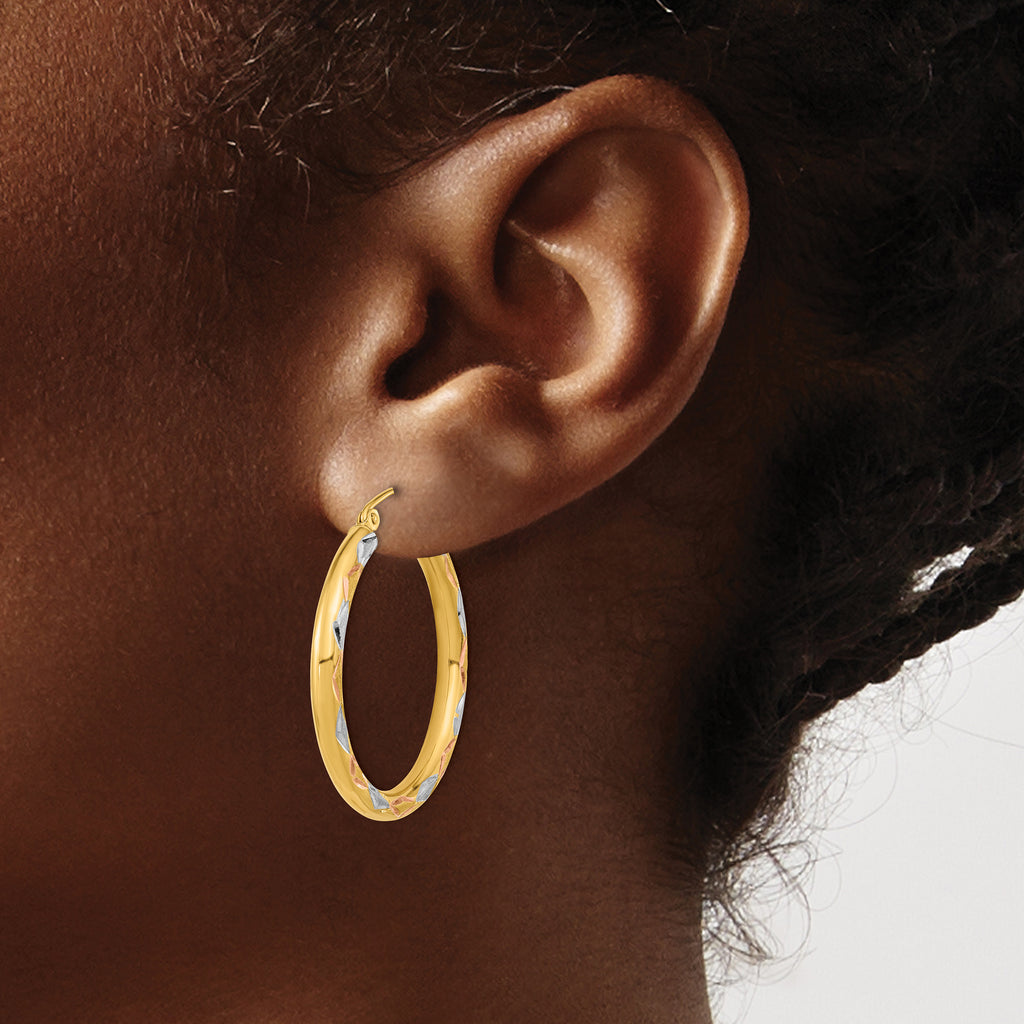 14k White Rhodium Polished Satin and Diamond-cut Hoop Earrings
