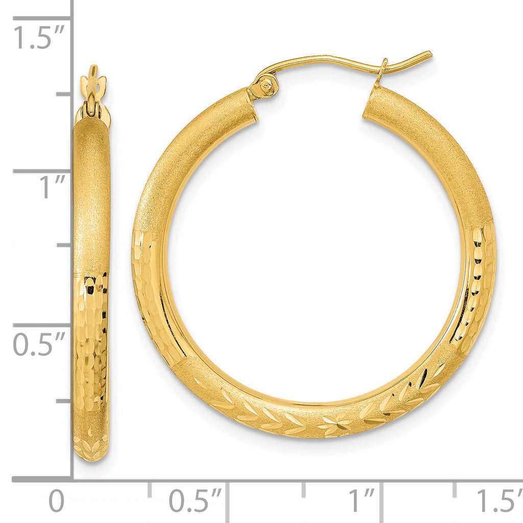 14k Polished Satin and Diamond-cut Hoop Earrings