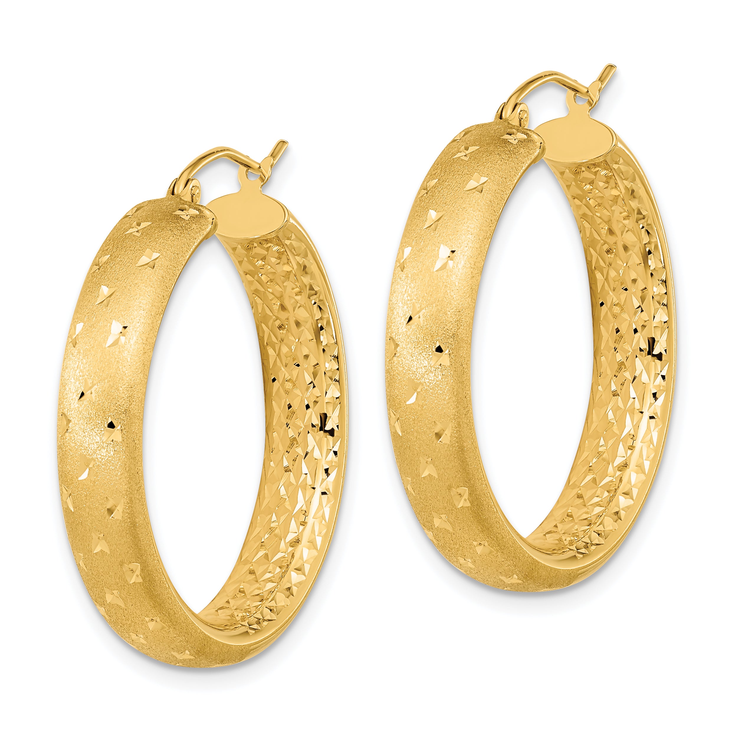 14k Polished Satin and Diamond-cut Hoop Earrings