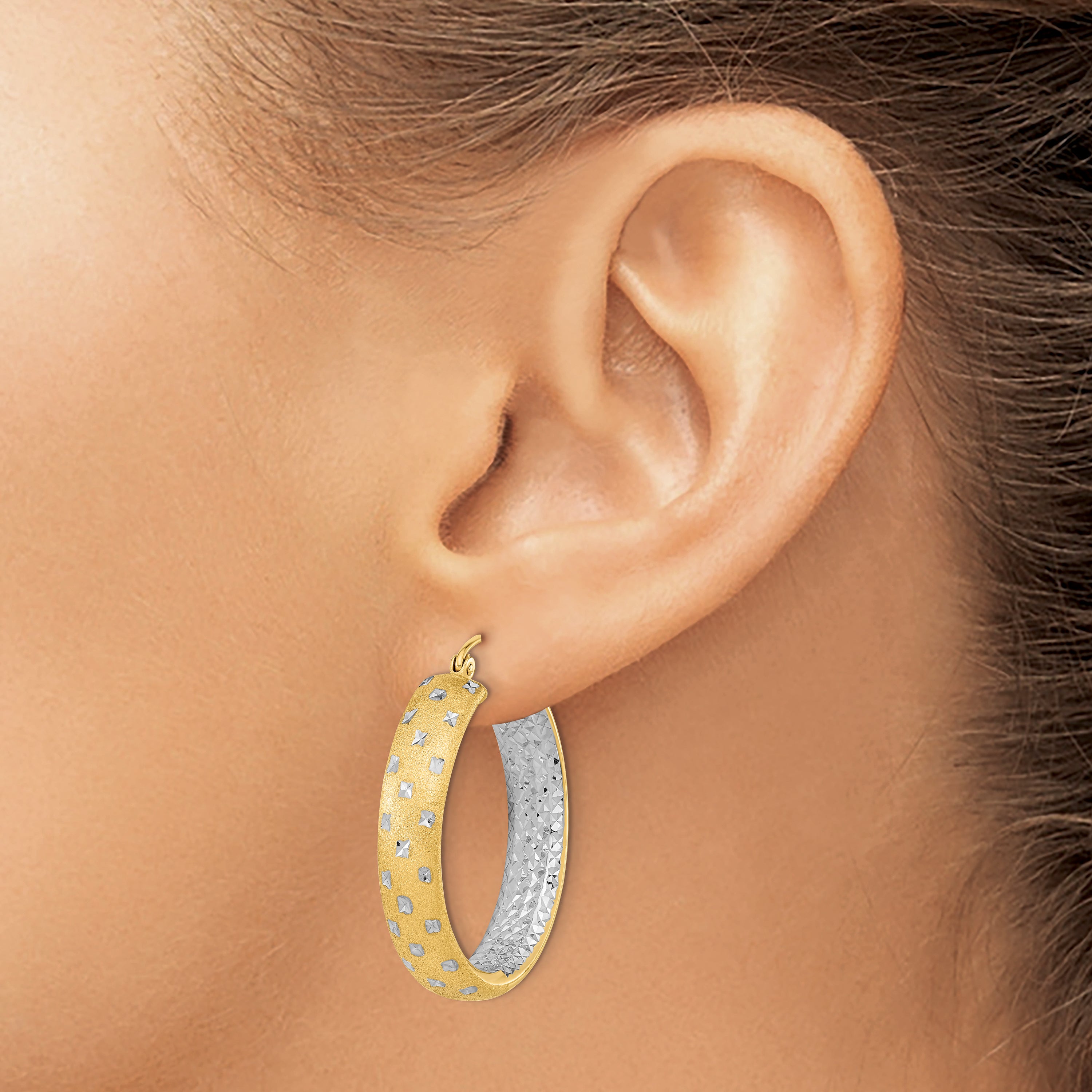 14k White Rhodium Polished Satin Diamond-cut In/Out Hoop Earrings