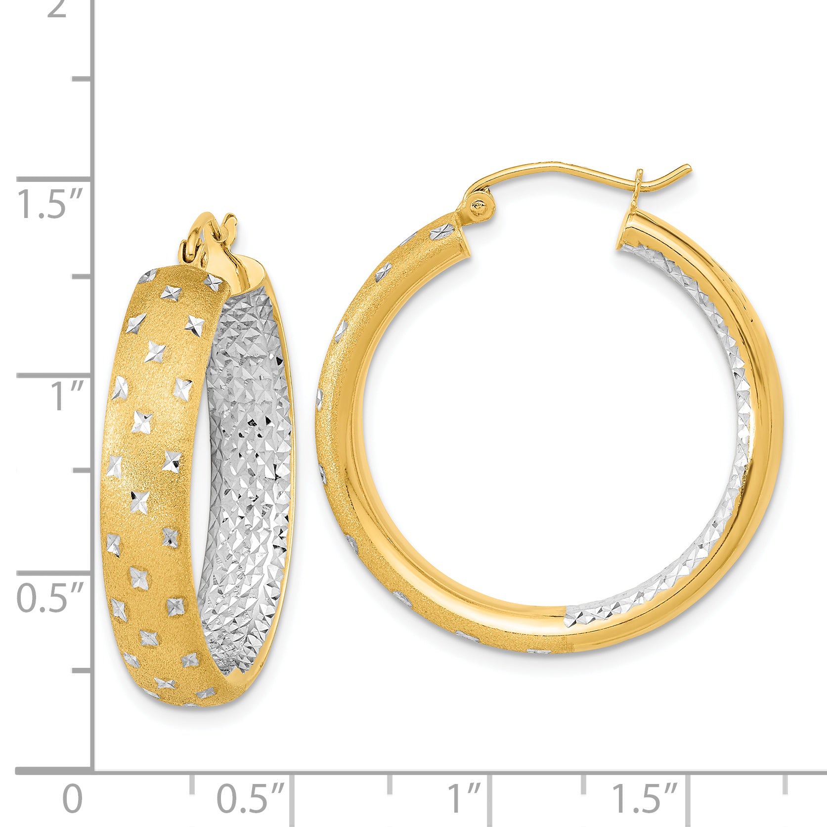 14k White Rhodium Polished Satin Diamond-cut In/Out Hoop Earrings