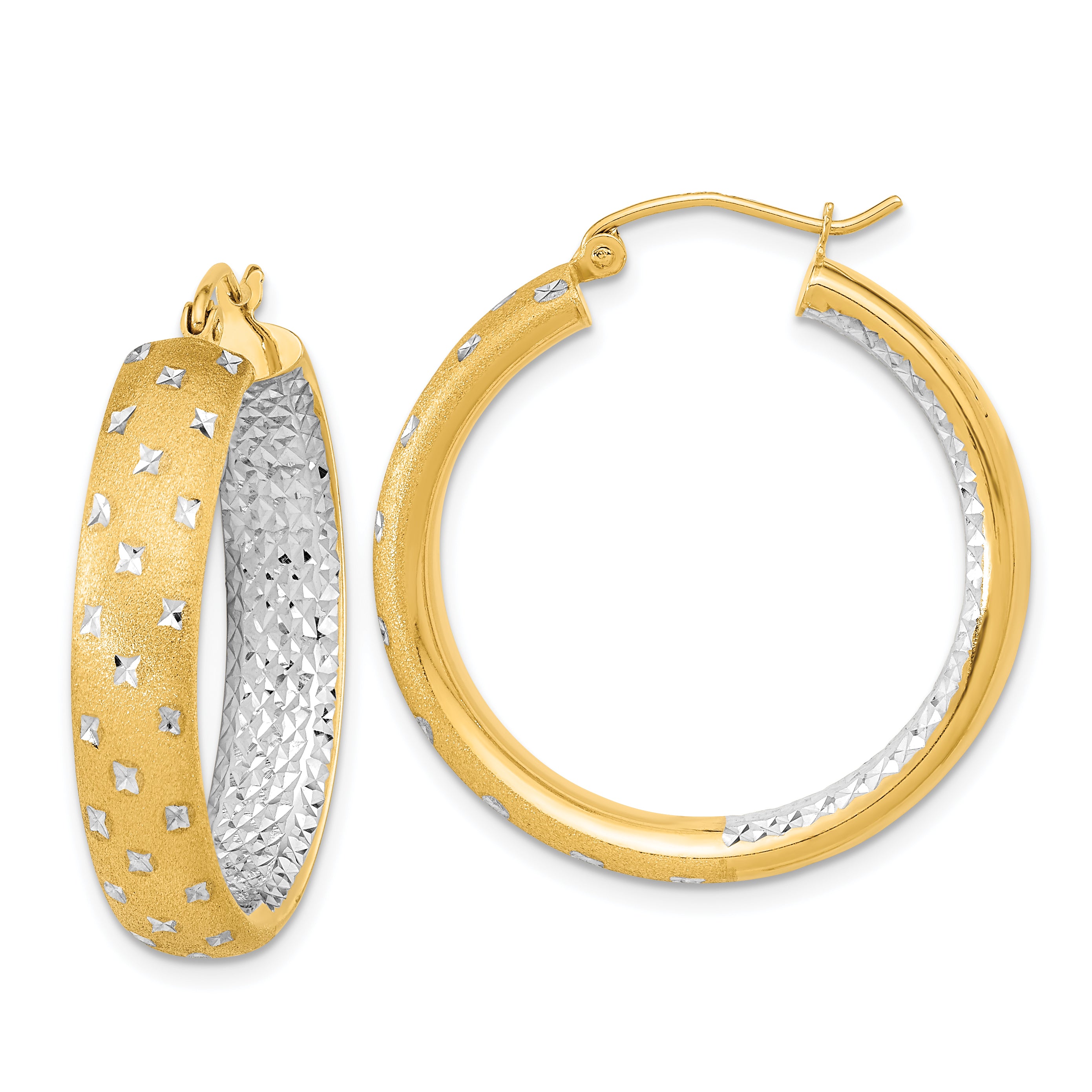 14k White Rhodium Polished Satin Diamond-cut In/Out Hoop Earrings