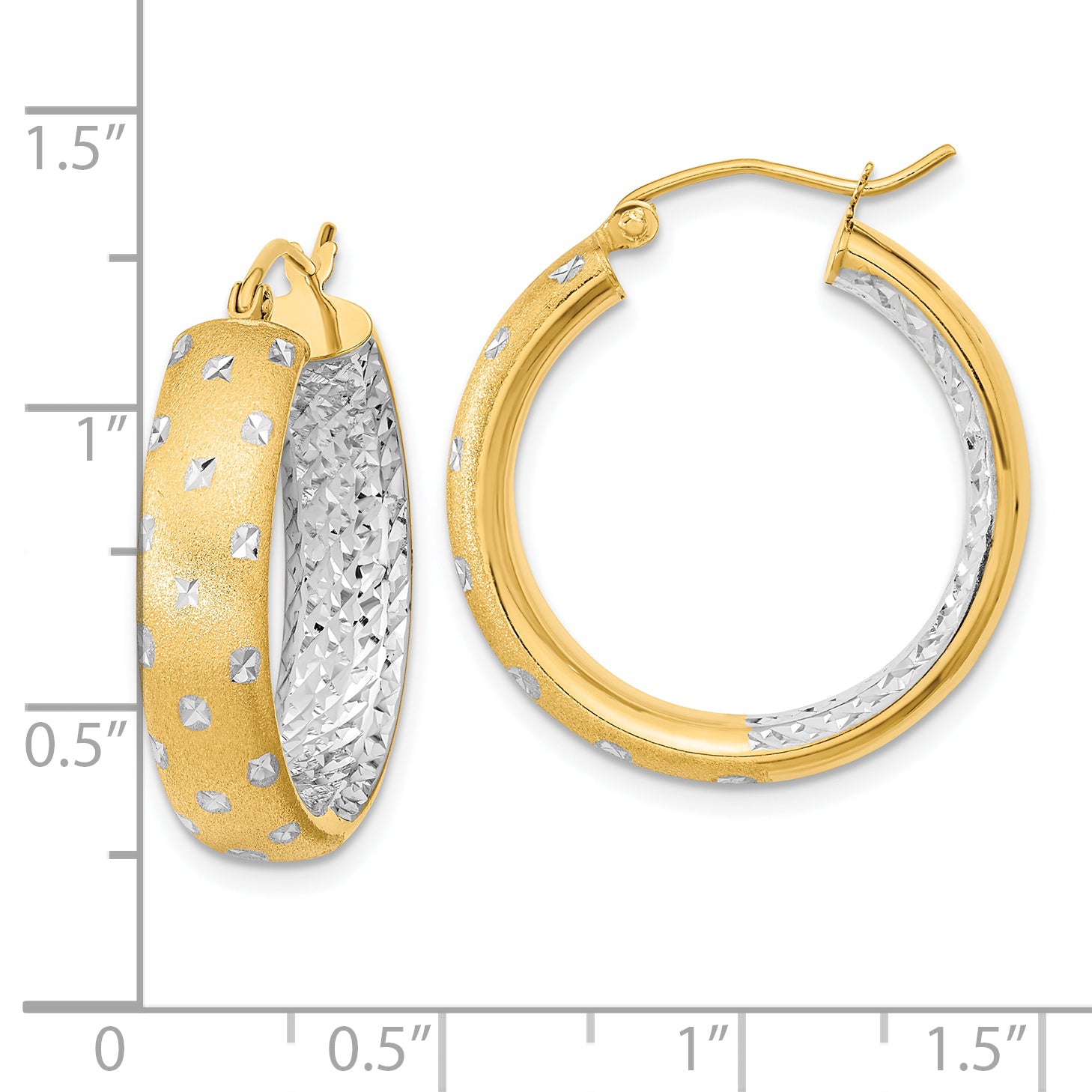 14k White Rhodium Polished Satin Diamond-cut In/Out Hoop Earrings