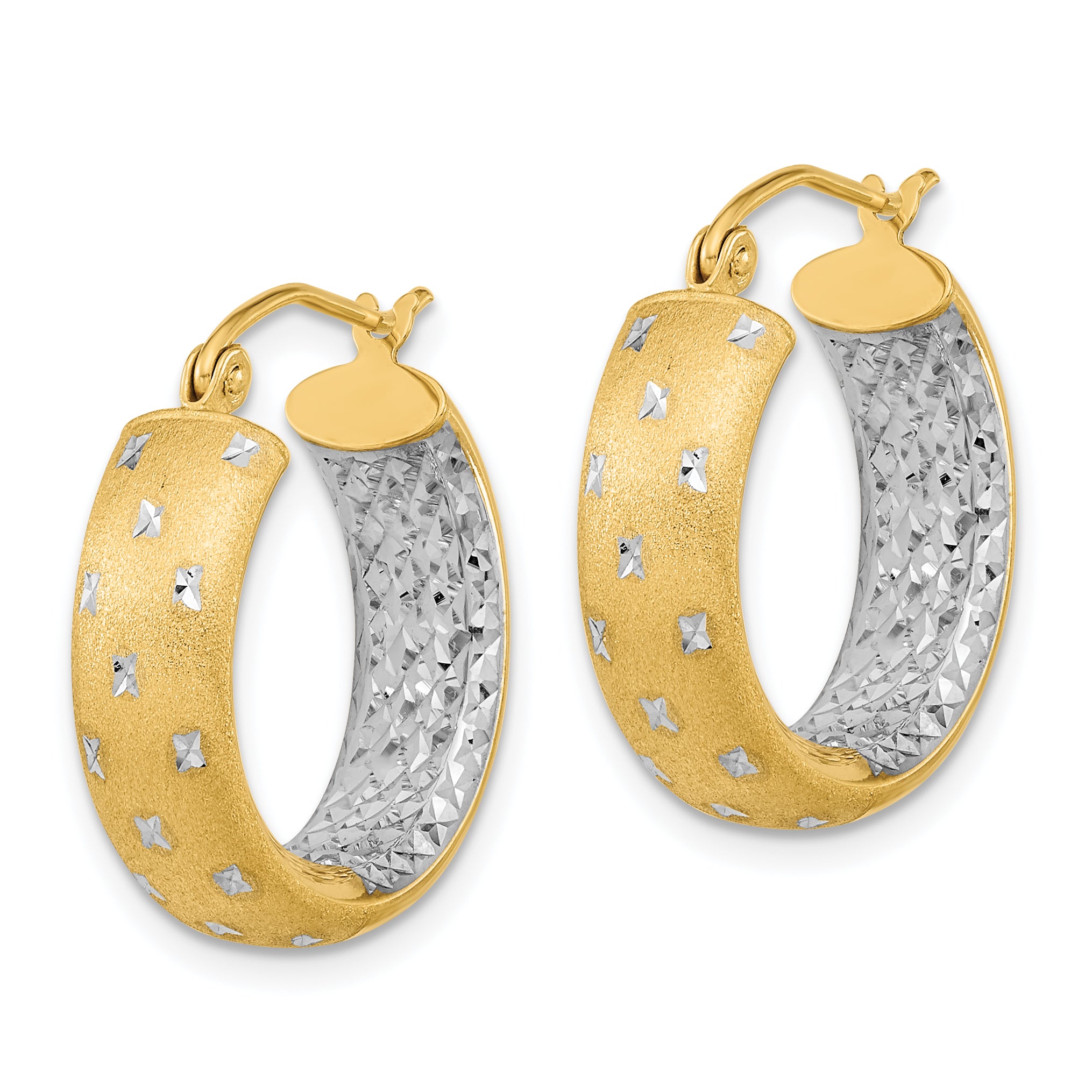 14k White Rhodium Polished Satin Diamond-cut In/Out Hoop Earrings Secondary image