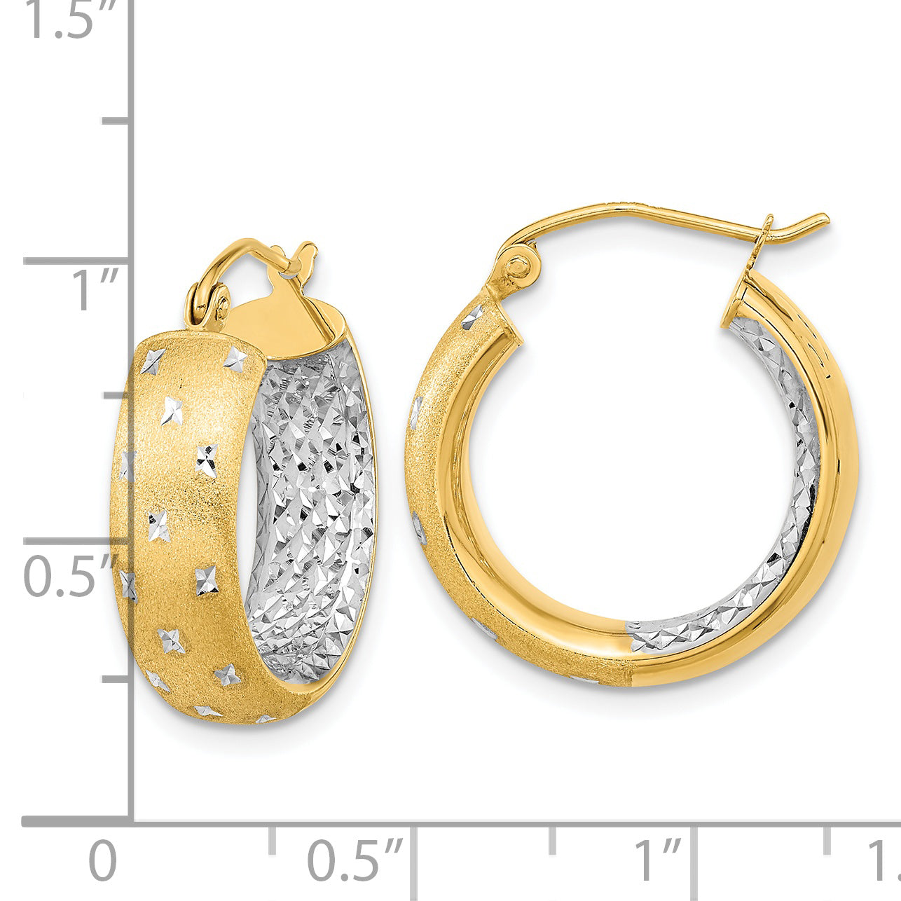 14k White Rhodium Polished Satin Diamond-cut In/Out Hoop Earrings