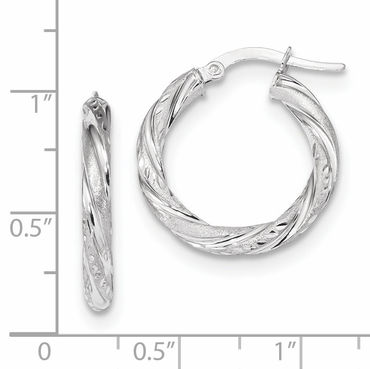 14k White Gold 3mm Polished & Satin D/C Hoop Earrings