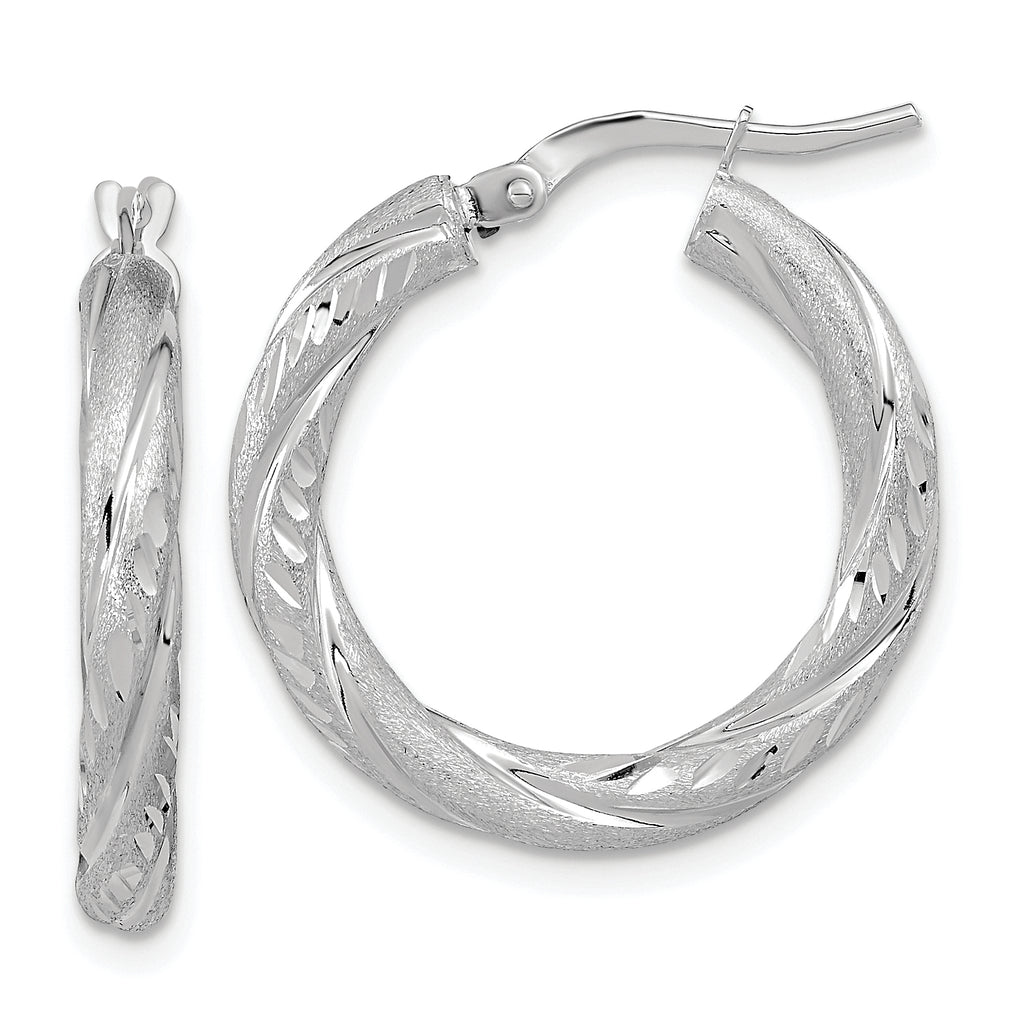 14k White Gold 3mm Polished & Satin D/C Hoop Earrings