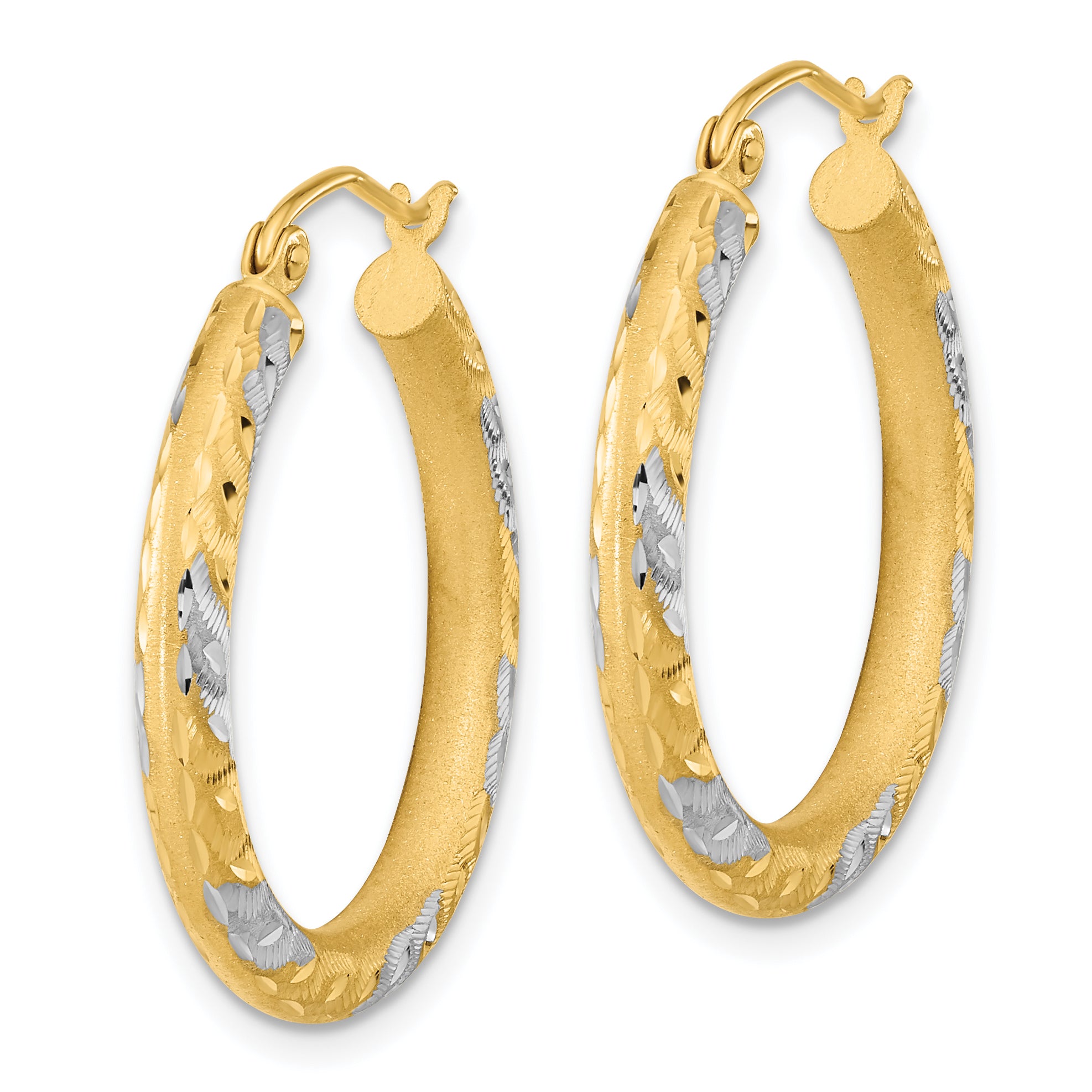 14k White Rhodium Diamond-cut Satin Hoop Earrings Secondary image