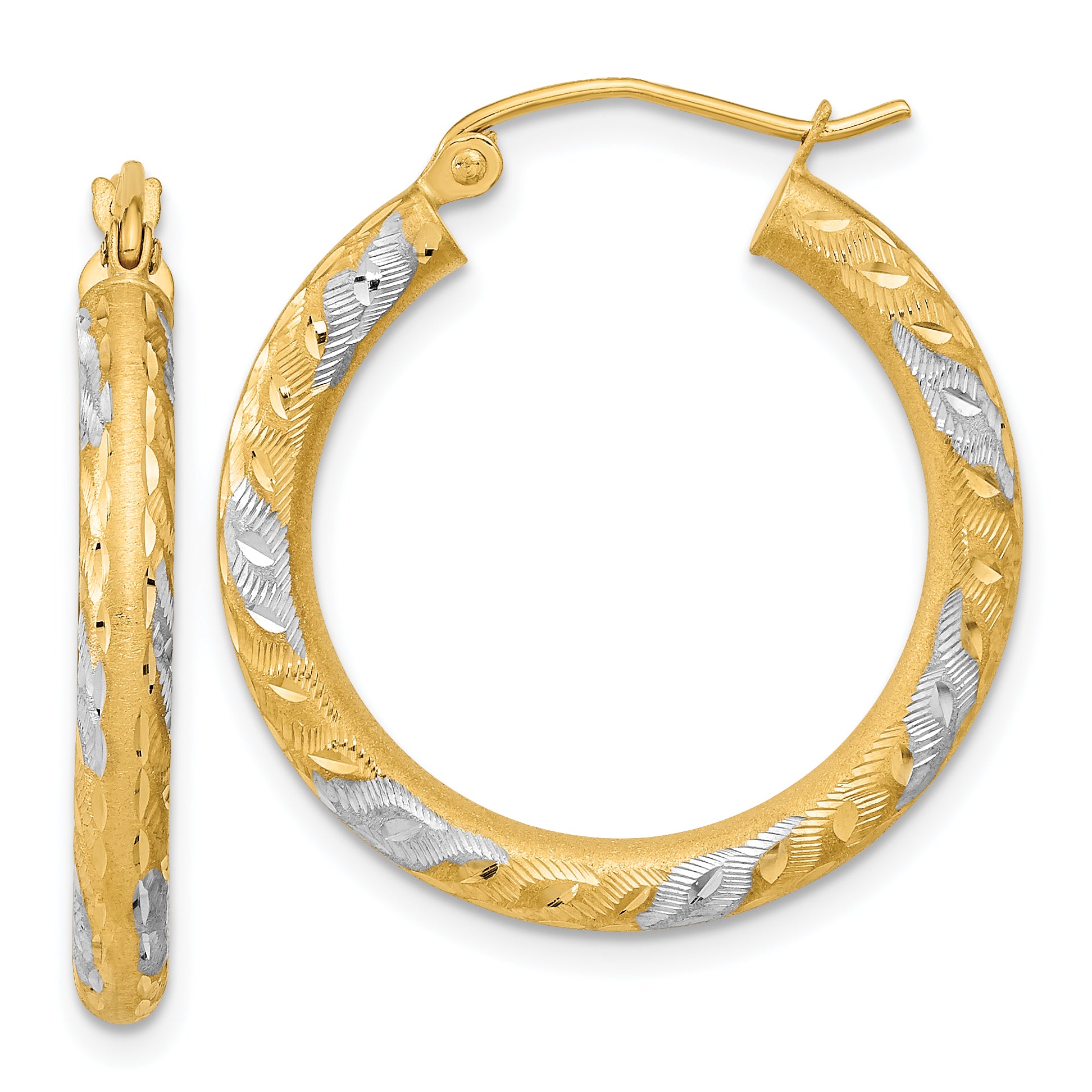 14k White Rhodium Diamond-cut Satin Hoop Earrings Main image