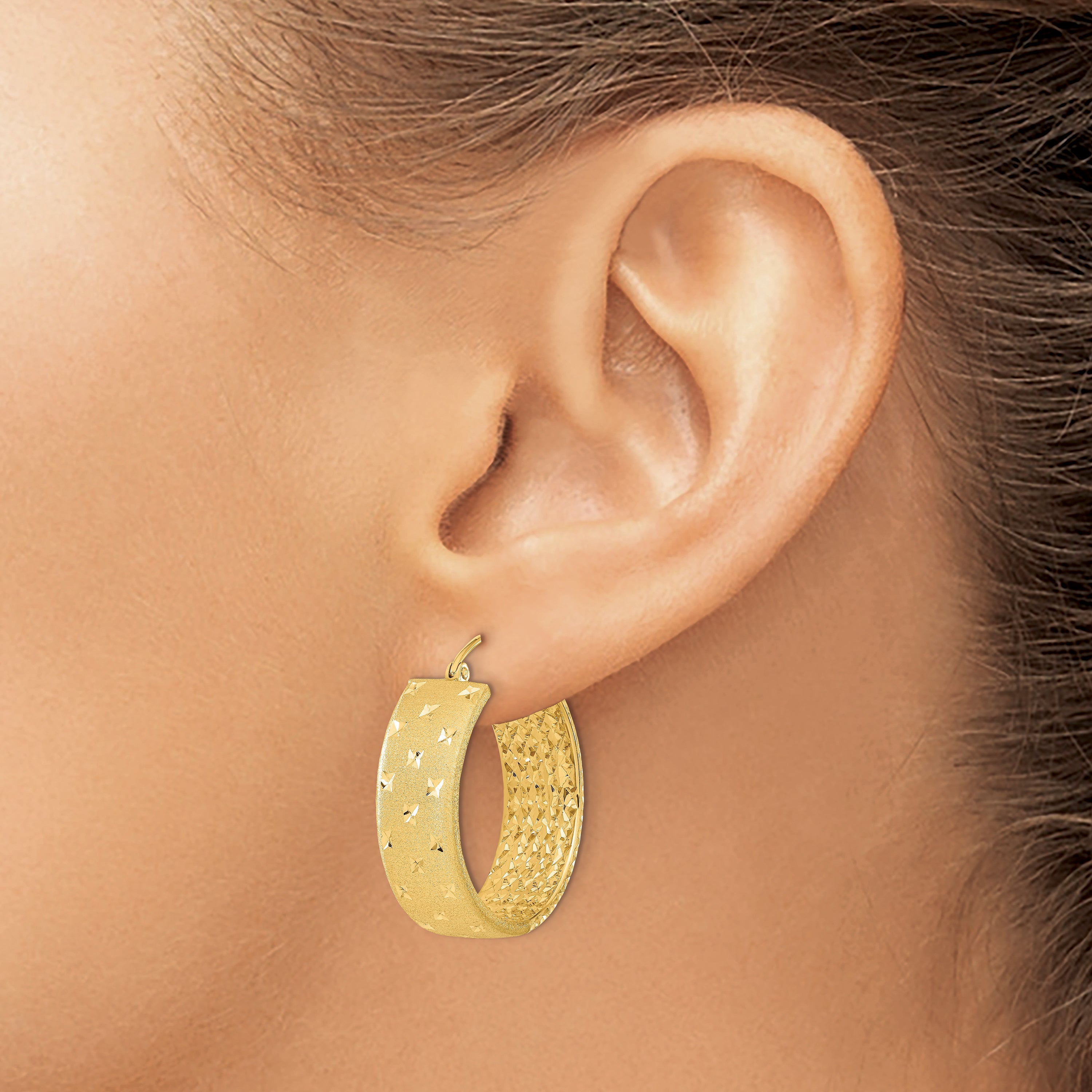 14k Polished Satin and Diamond-cut Hoop Earrings