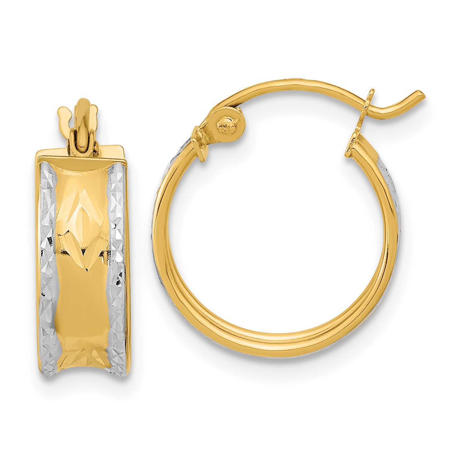 14k White Rhodium Polished Diamond-cut Hoops