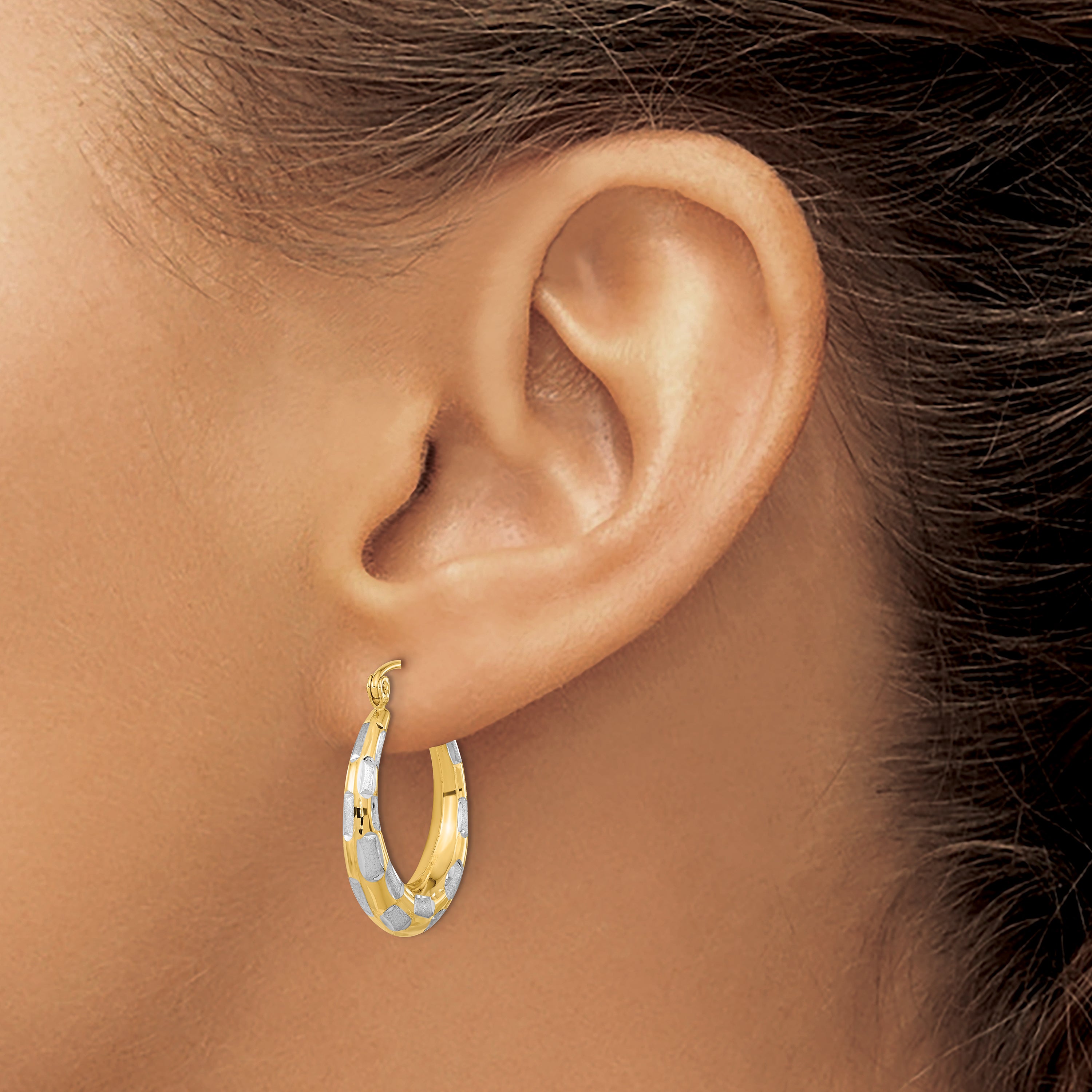 14k White Rhodium Polished Satin Diamond-cut Hoop Earrings