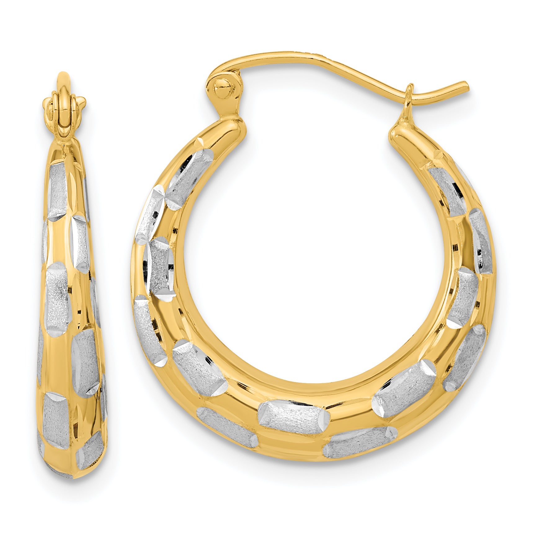 14k White Rhodium Polished Satin Diamond-cut Hoop Earrings Main image