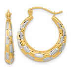 14k White Rhodium Polished Satin Diamond-cut Hoop Earrings