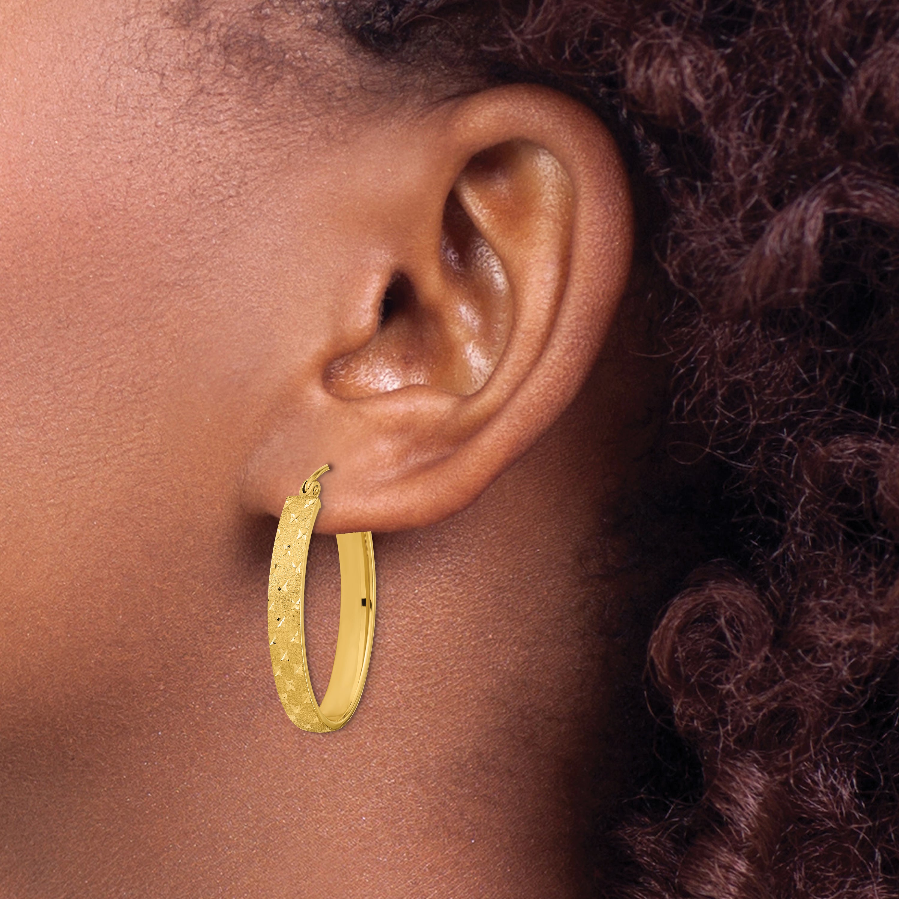 14k Polished Satin Diamond-cut Hoop Earrings