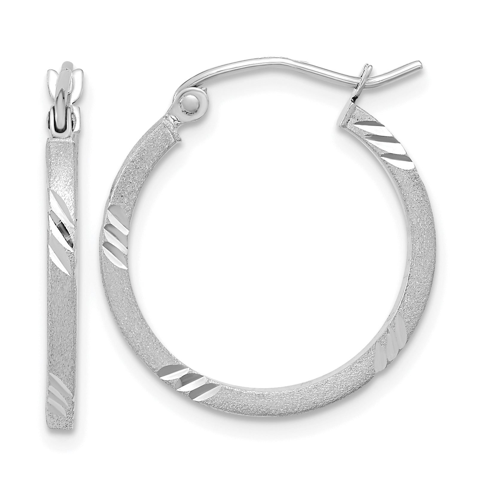 14k White Gold Satin Diamond-cut Square Tube Hoop Earrings Main image