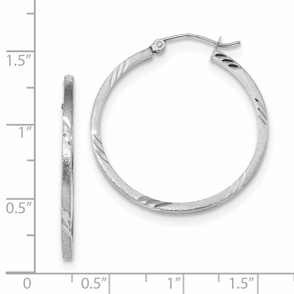 14k White Gold Satin Diamond-cut Square Tube Hoop Earrings