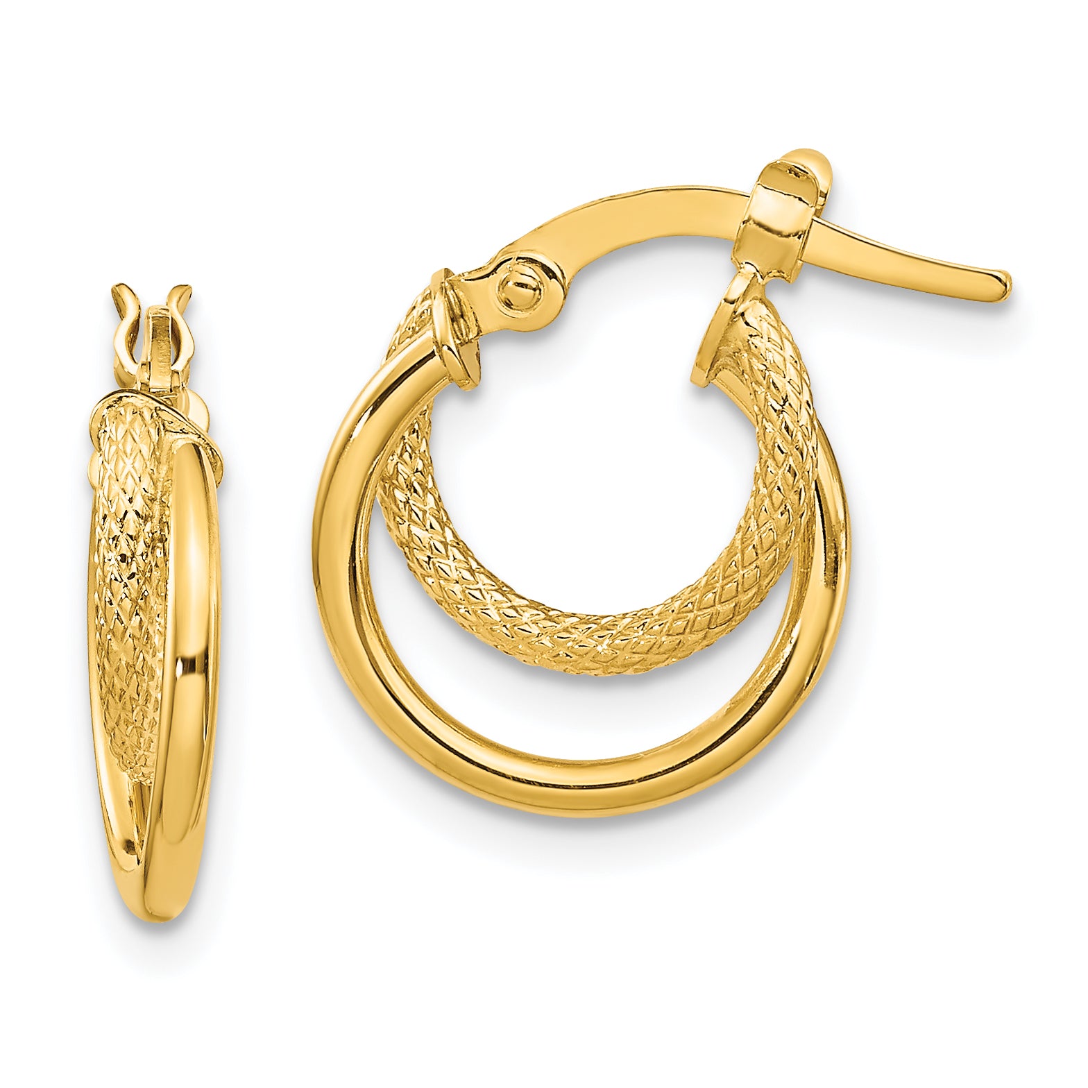 14K Polished Diamond-cut Hinged Hoop Earrings